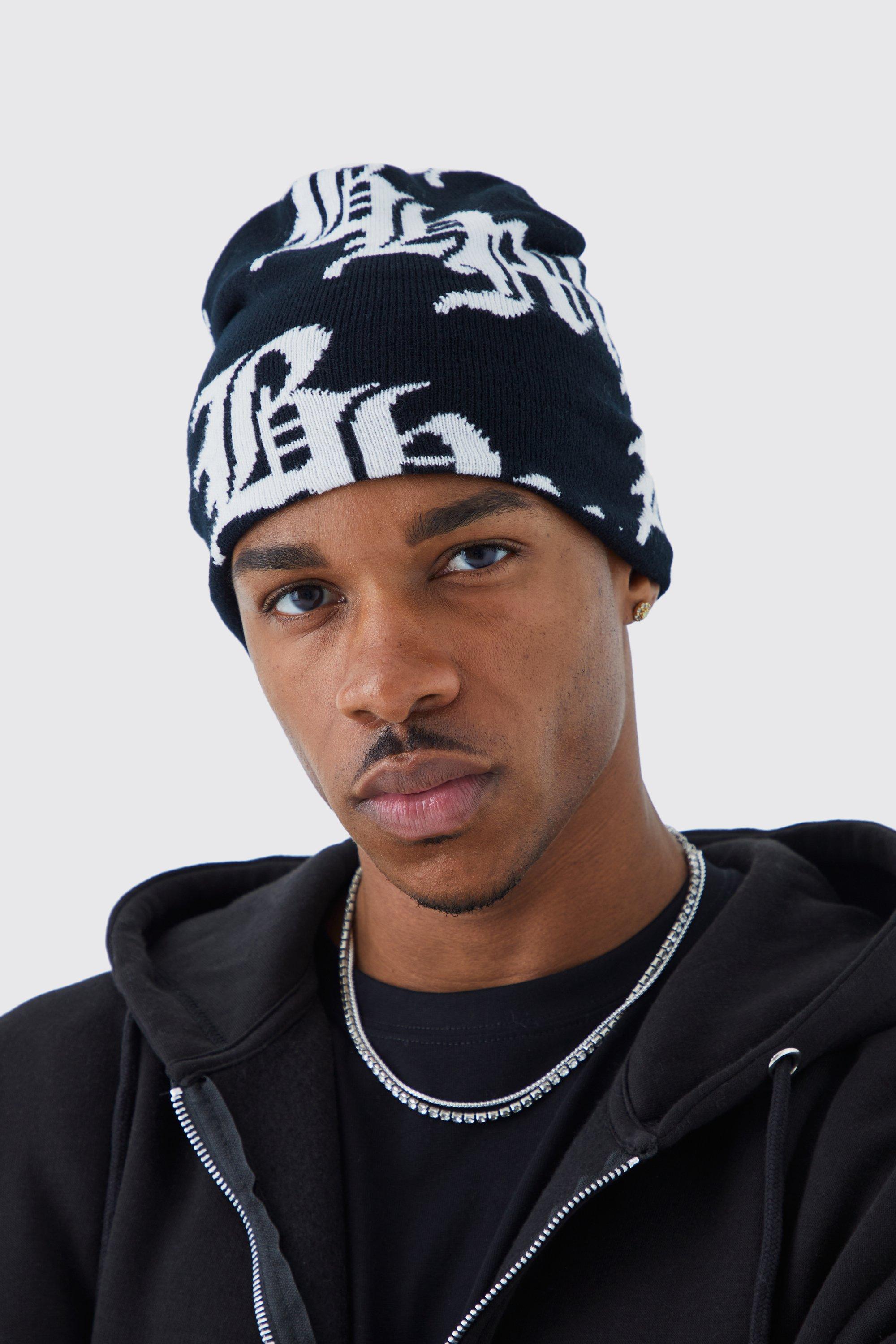 Mens Black Gothic Logo Jacquard Beanie, Black