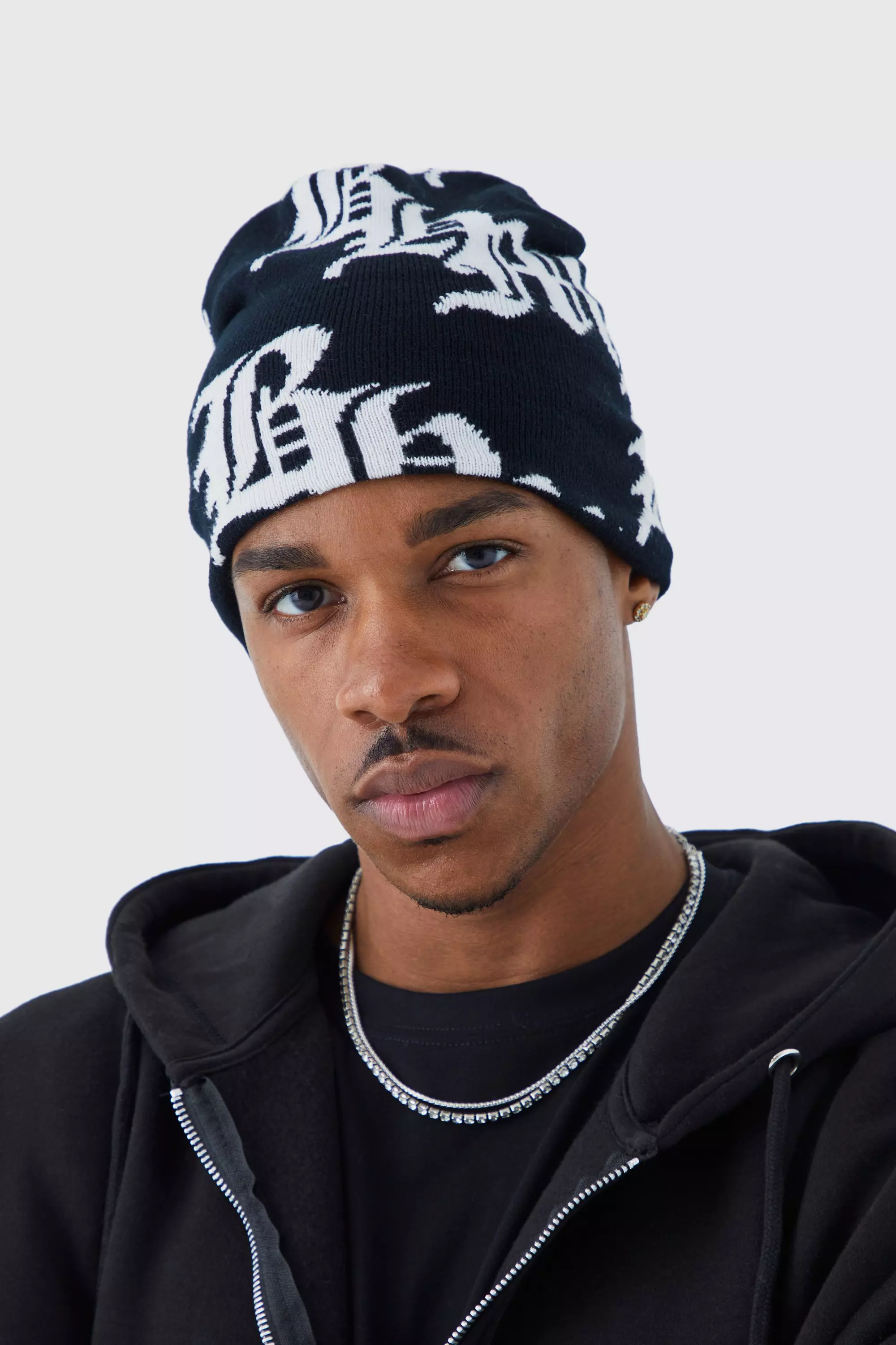 Gothic Logo Jacquard Beanie | boohooMAN USA