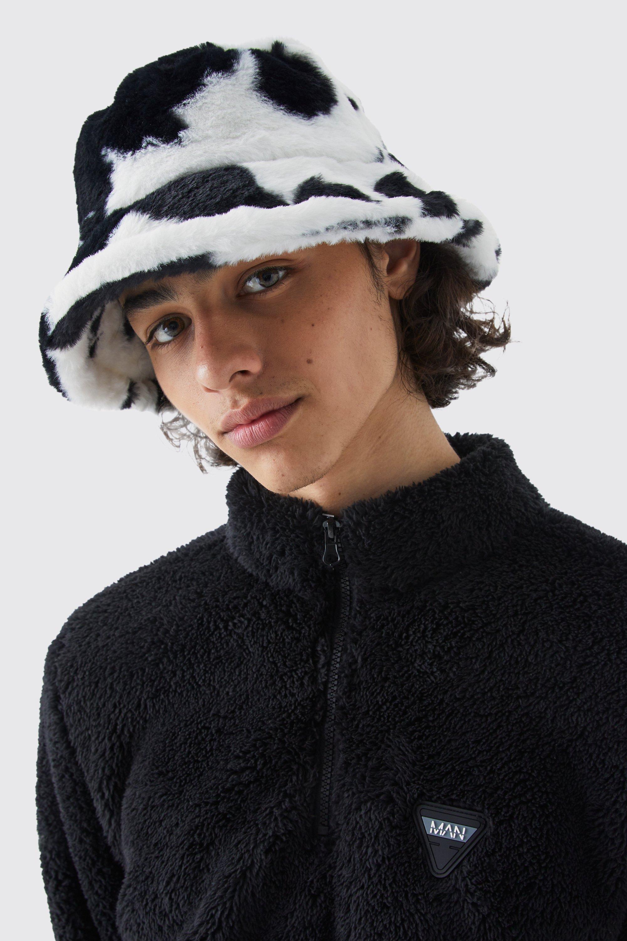 Mens Black Cow Print Fluffy Bucket Hat, Black