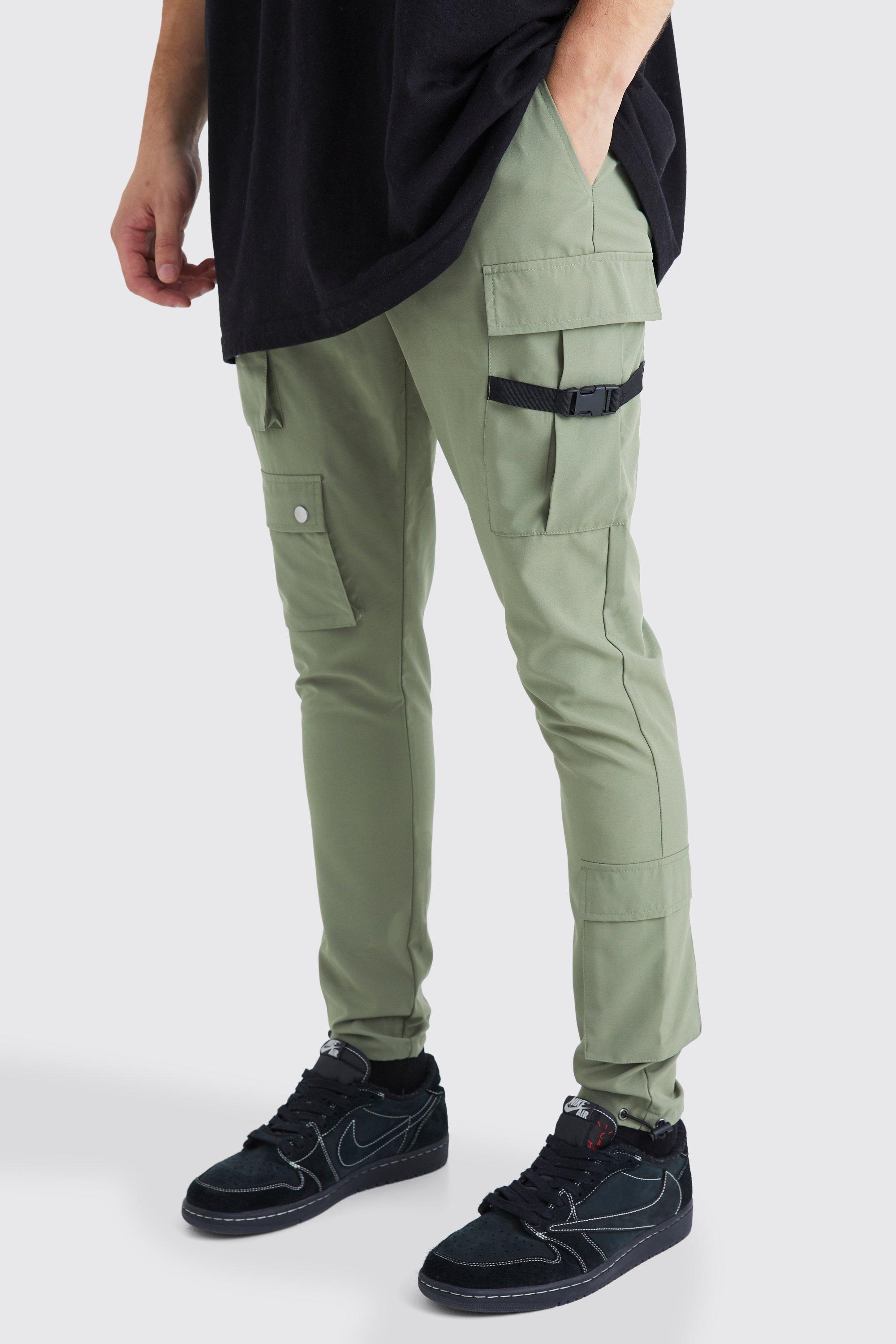 Mens Green Skinny Multi Pocket Cargo Buckle Trouser, Green