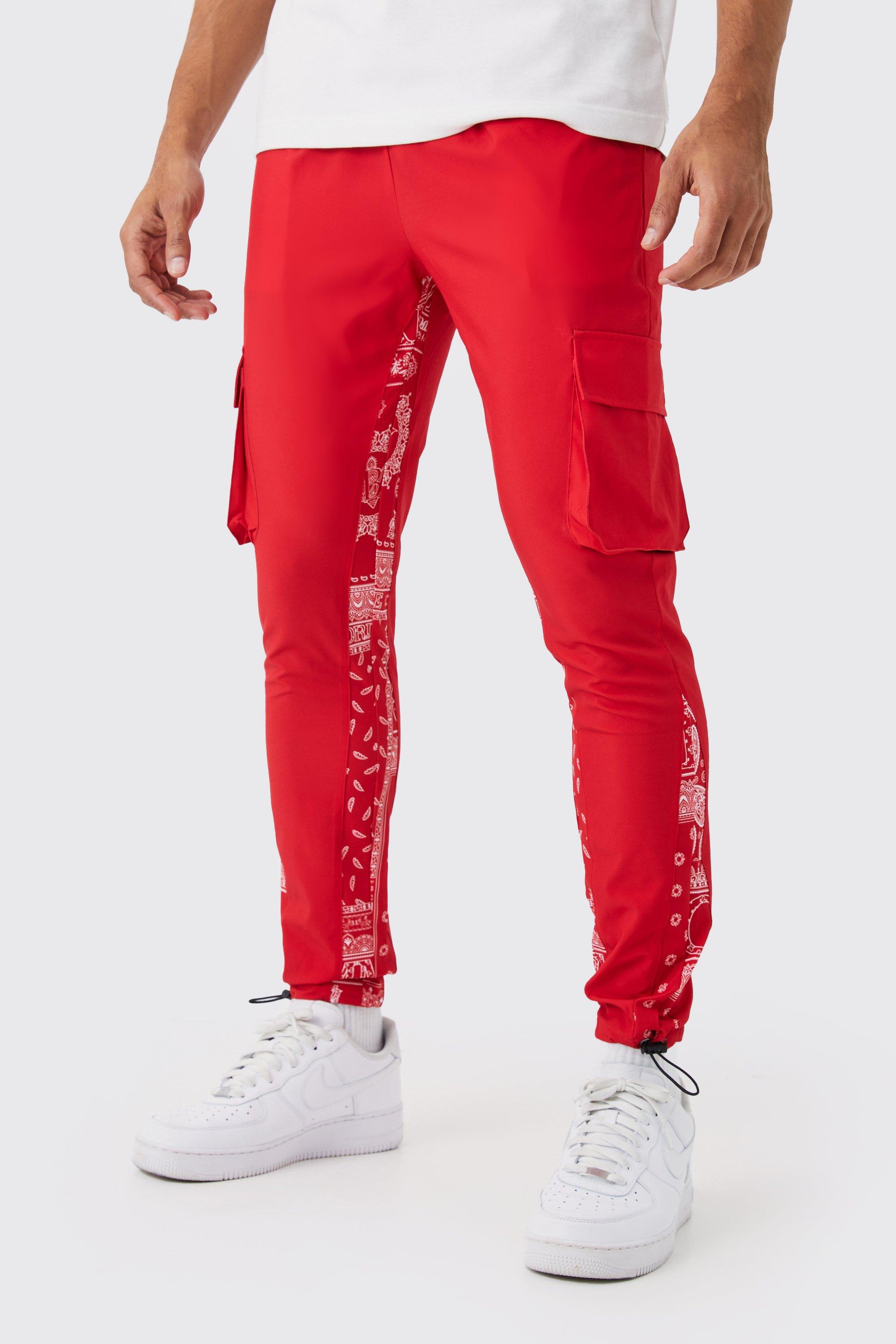 Mens Red Skinny Gusset Cargo Bandanna Trouser, Red
