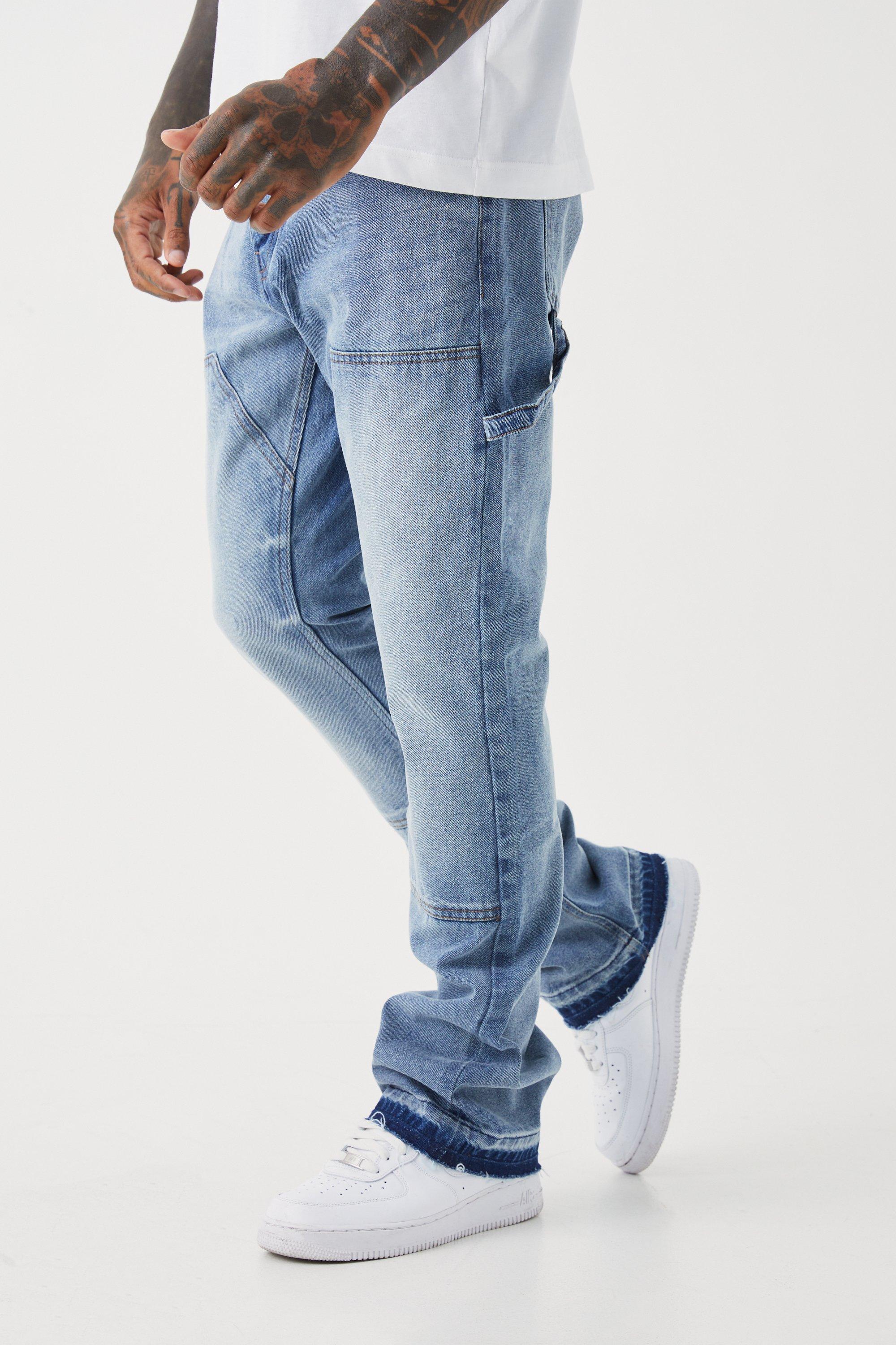 Image of Jeans a zampa Slim Fit in denim rigido stile Carpenter, Azzurro