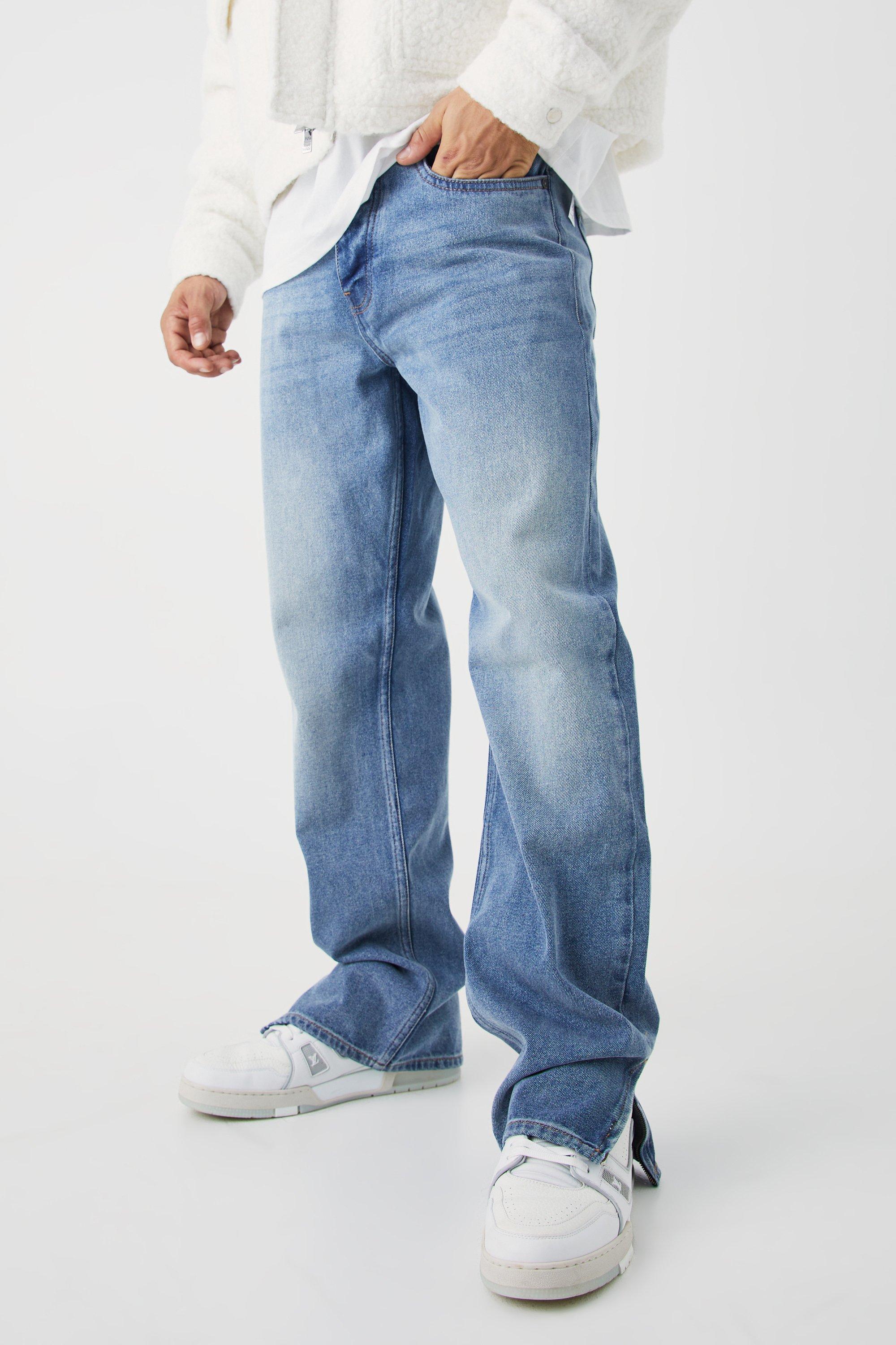 Image of Jeans rilassati in denim rigido con zip sul fondo, Azzurro