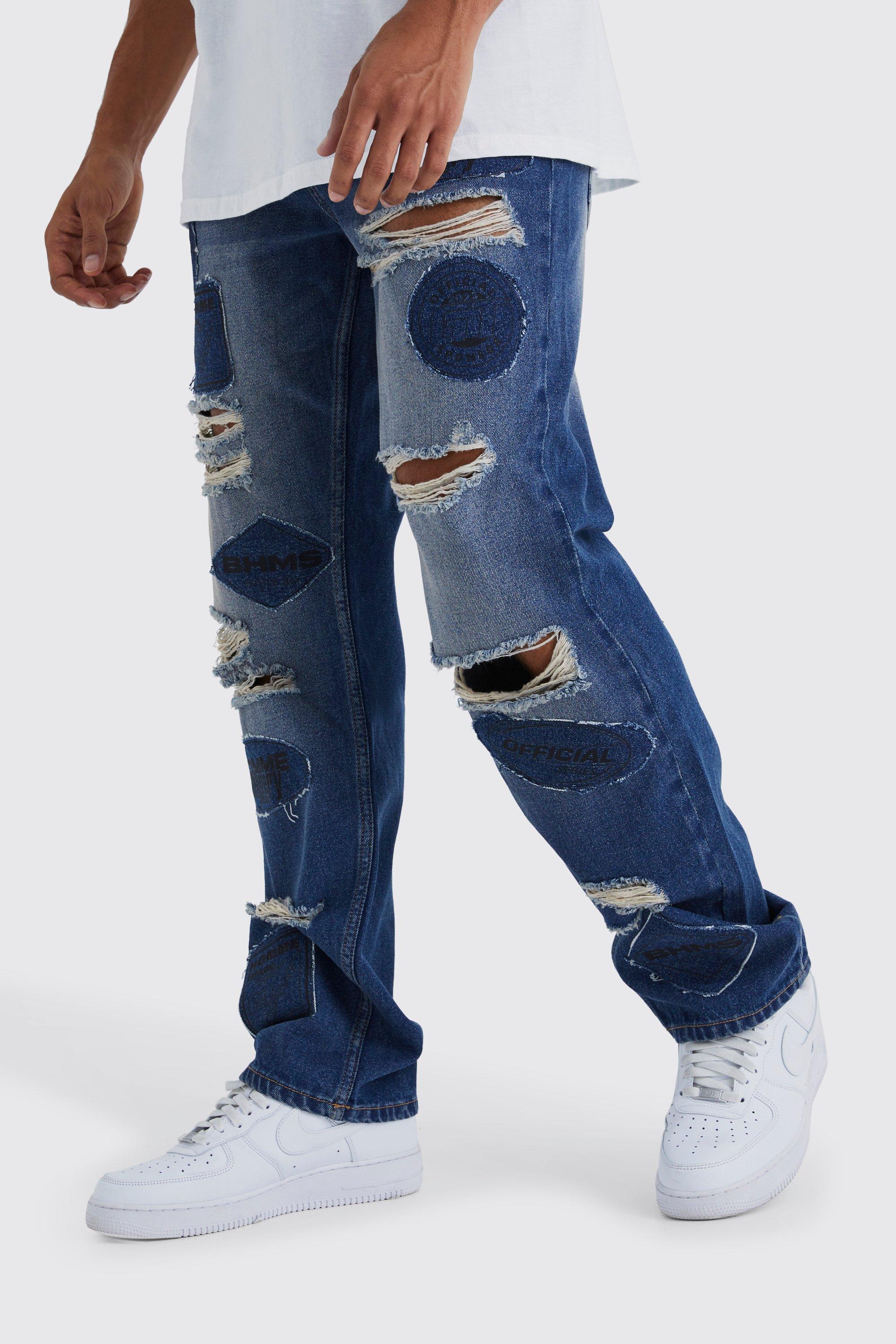 Image of Jeans rilassati in denim rigido con applique e strappi, Azzurro