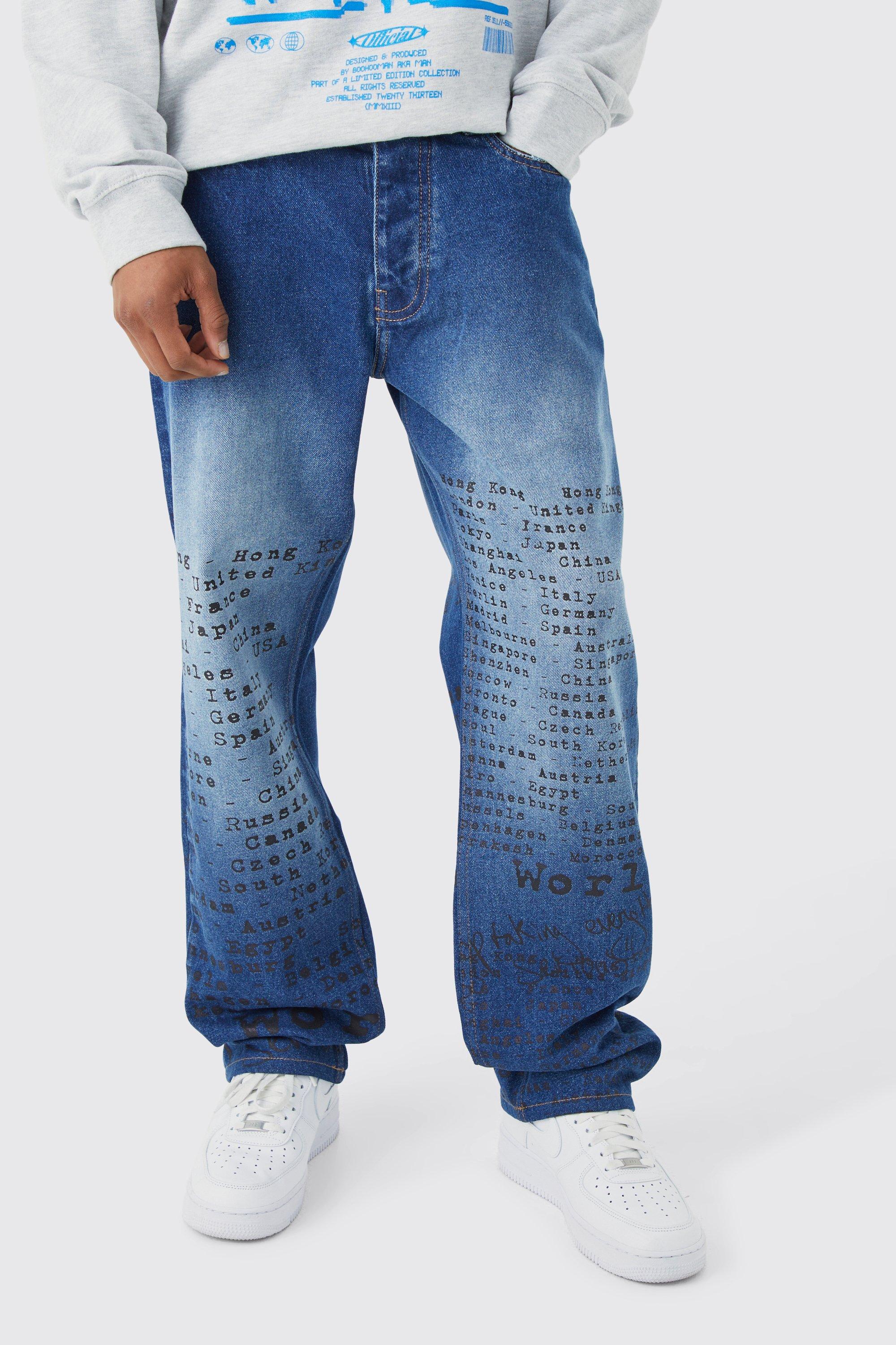 Mens Blue Relaxed Rigid All Over Text Laser Print Jeans, Blue