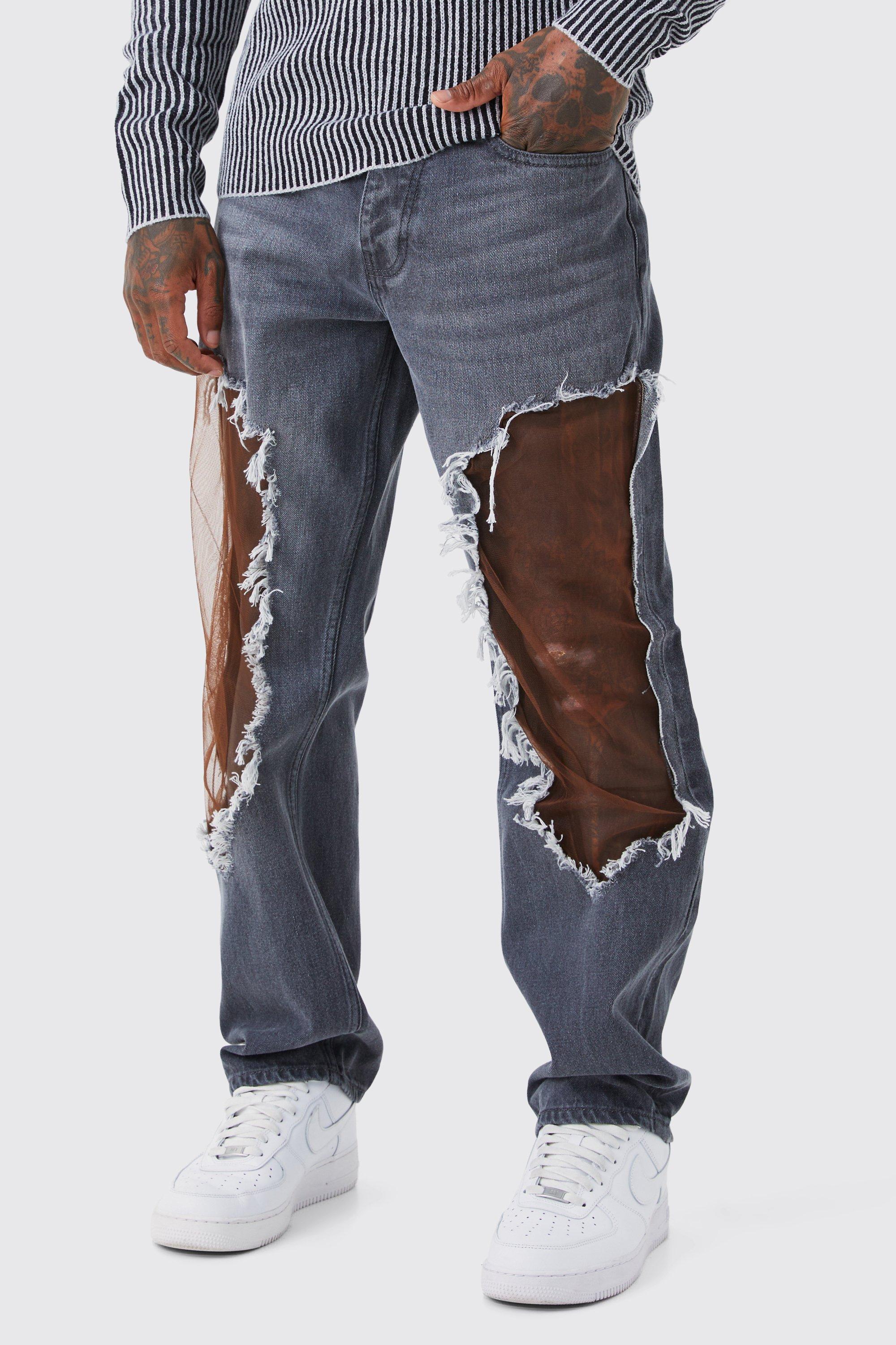 Image of Jeans rilassati in rete rigida effetto bruciato, Grigio