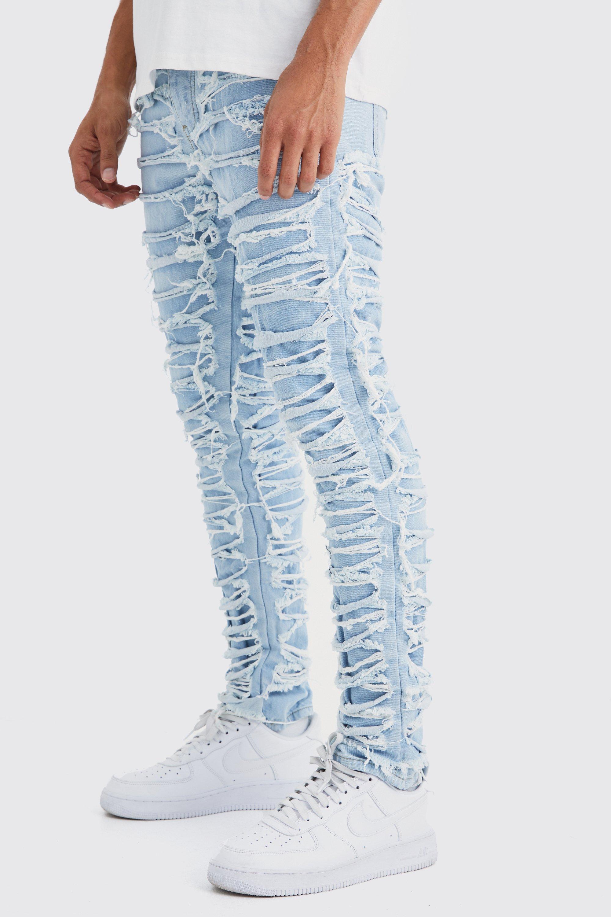 Mens Ice Blue Slim Rigid Extreme Distressed Jeans