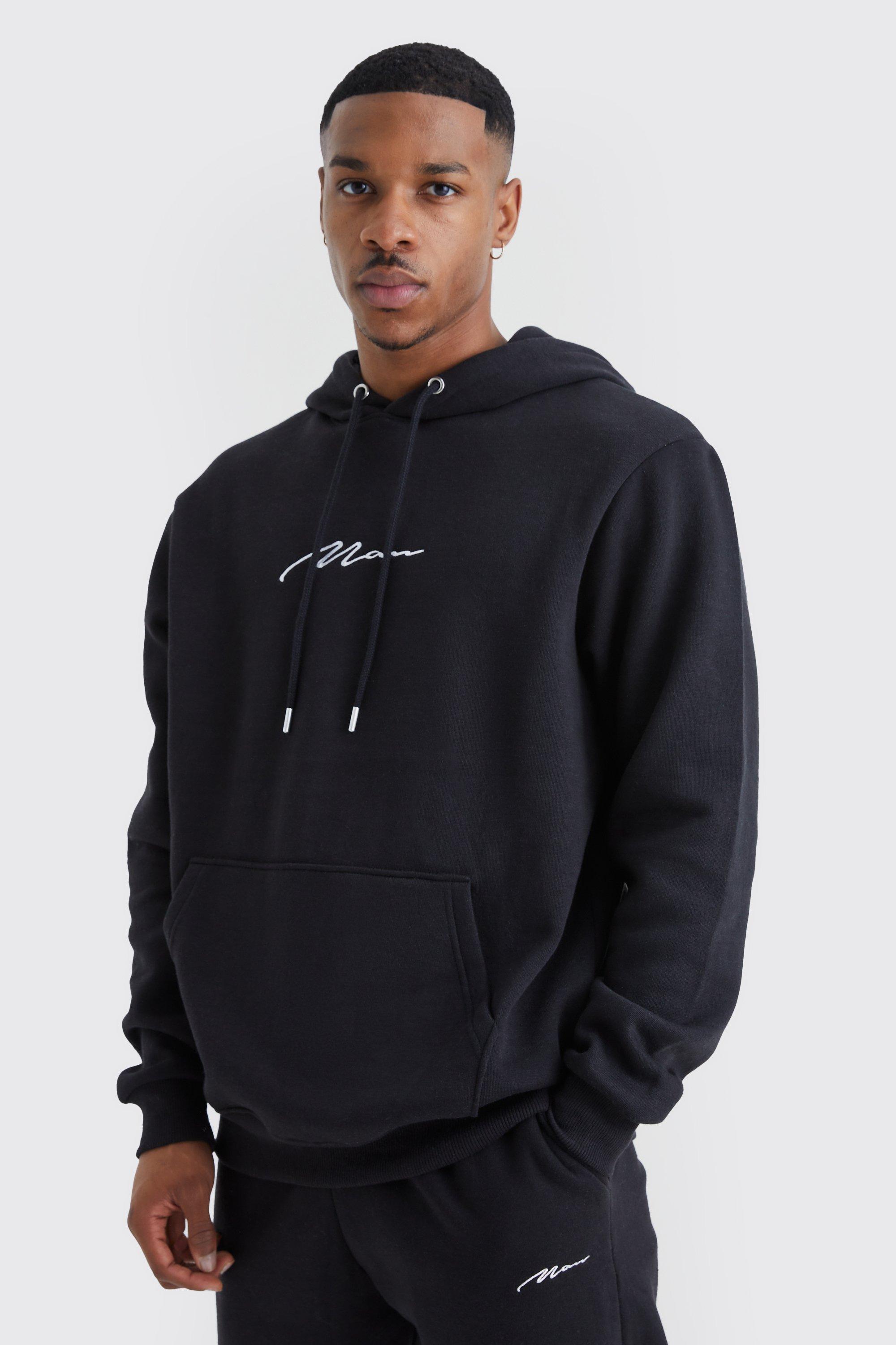 Mens Black Regular Fit Man Signature Over The Head Hoodie, Black