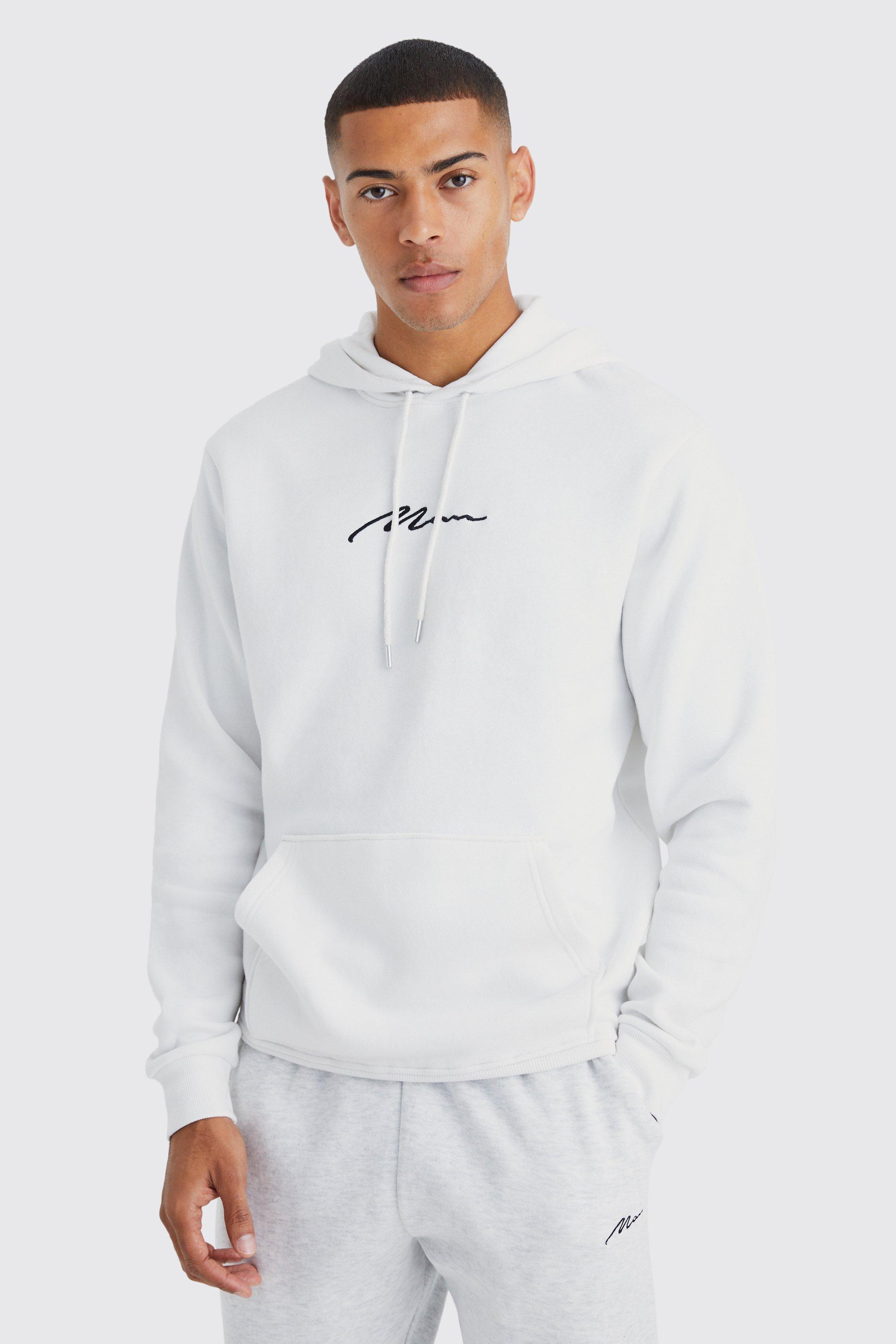 Mens White Regular Fit Man Signature Over The Head Hoodie, White
