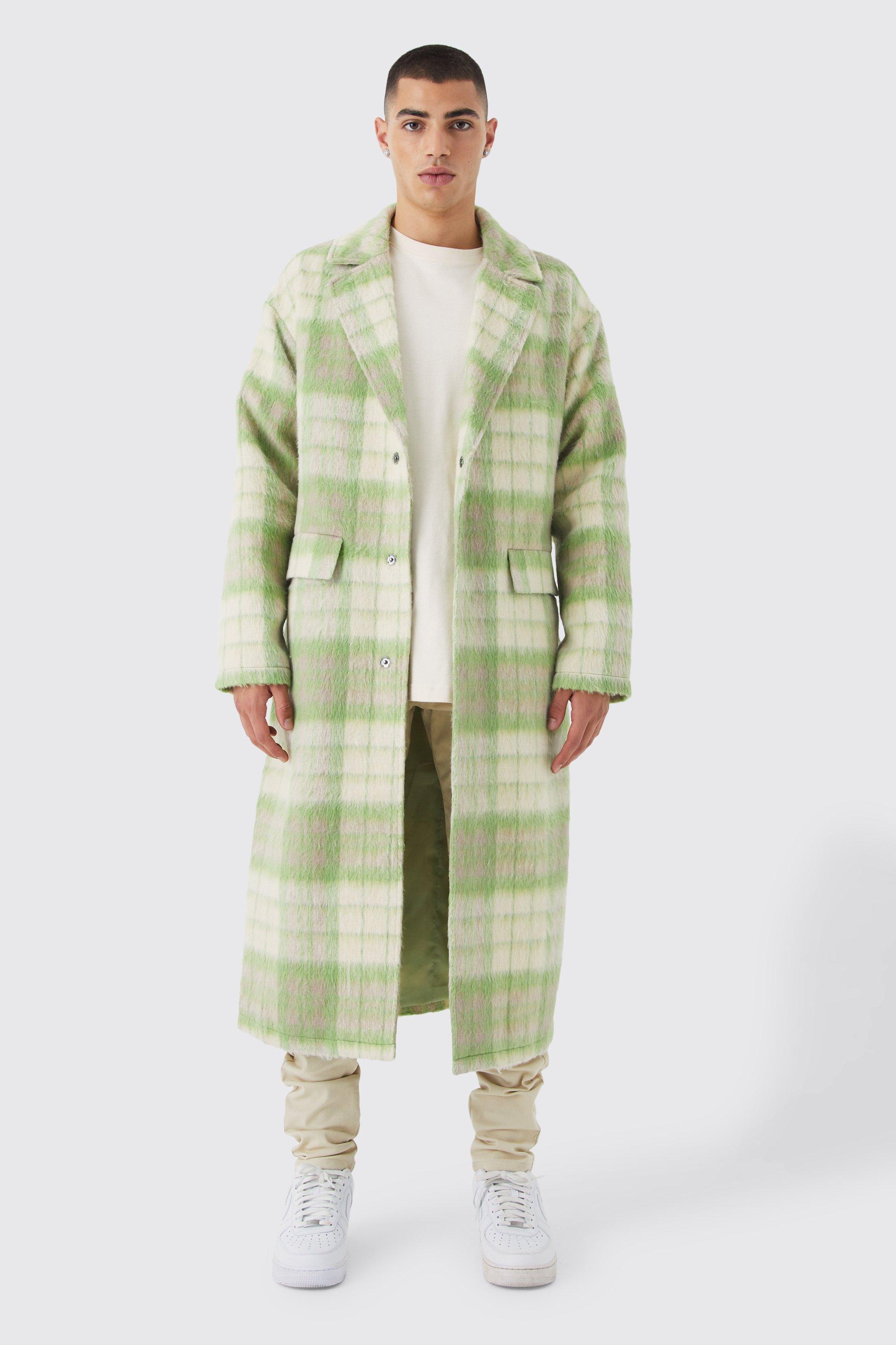 Mens Green Longline Brushed Check Belted Overcoat, Green