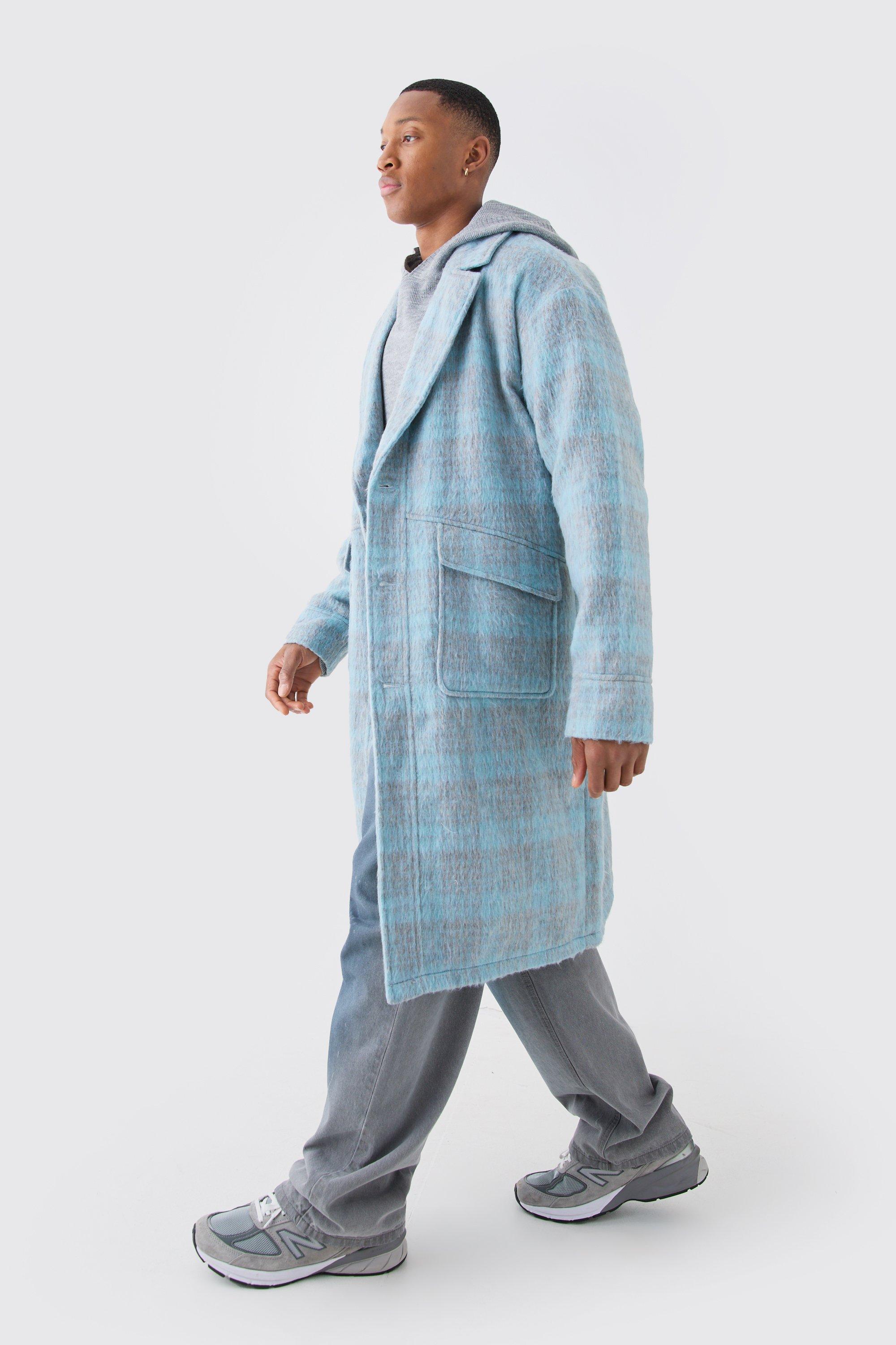 Mens Blue Single Breasted Brushed Check Overcoat, Blue