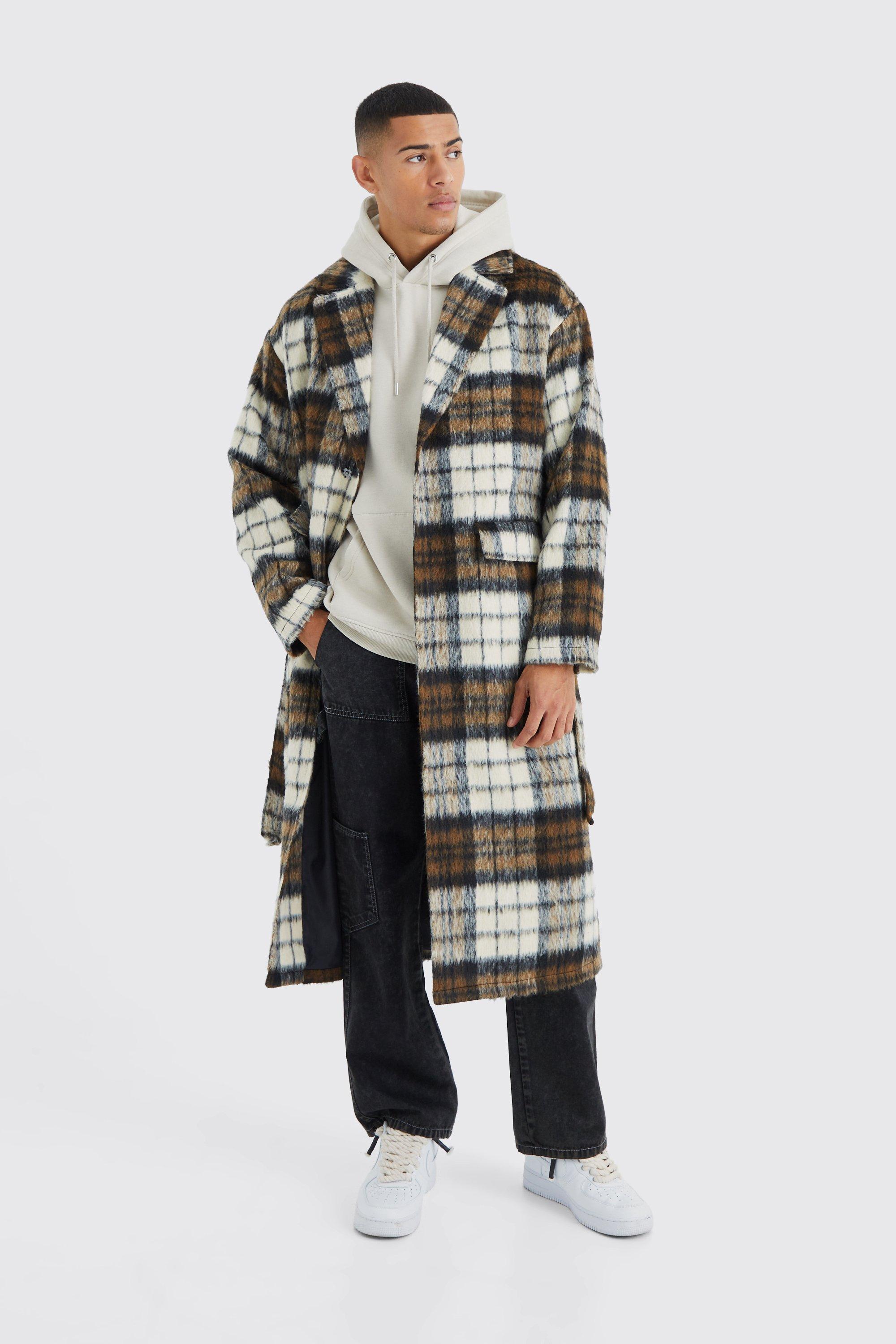 Mens Brown Longline Brushed Check Belted Overcoat, Brown