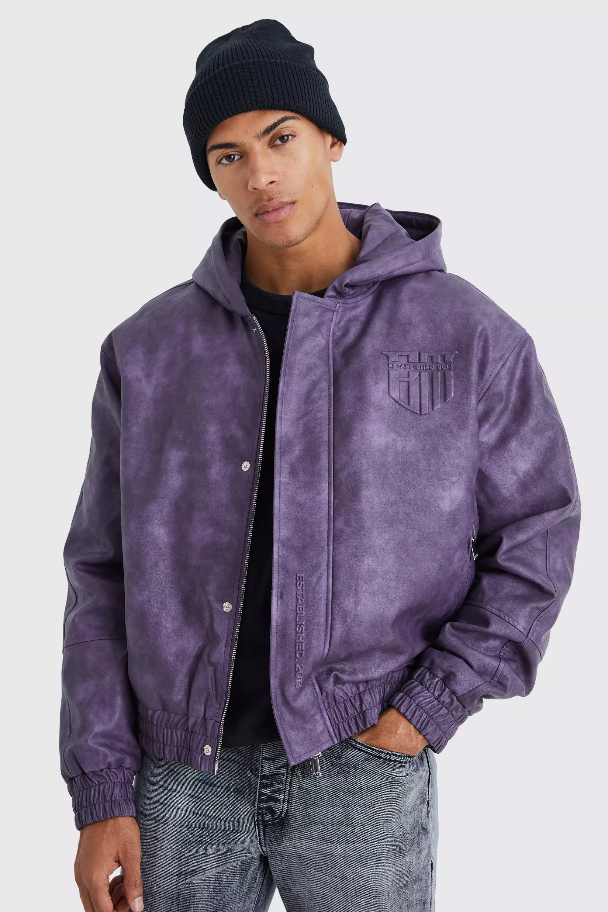 Washed Pu Bomber With Hood | boohooMAN USA