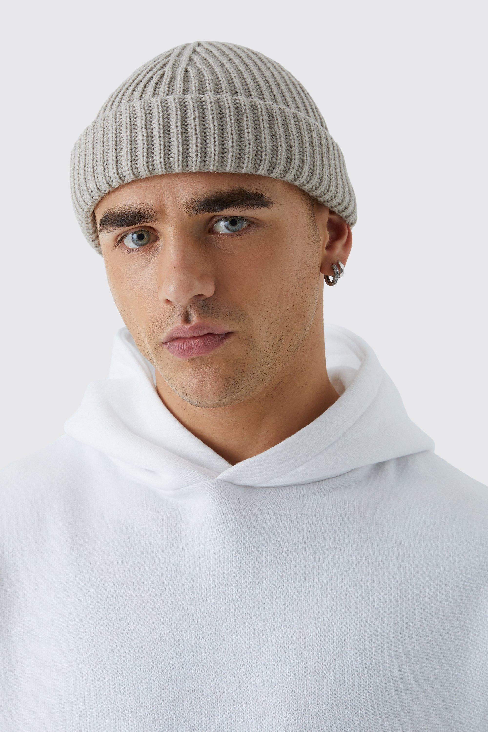 Mens Beige Ribbed Micro Beanie, Beige