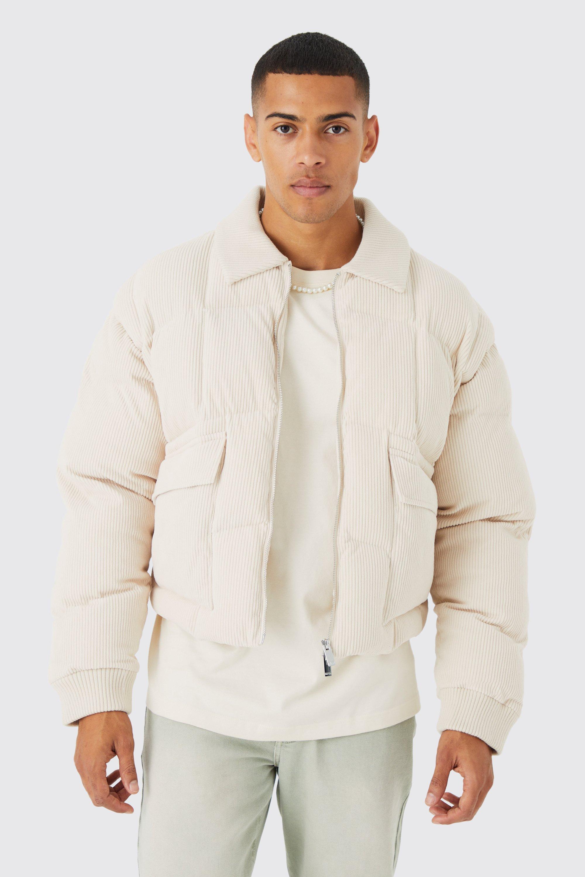 mens cream boxy cord quilted puffer with knitted collar, cream