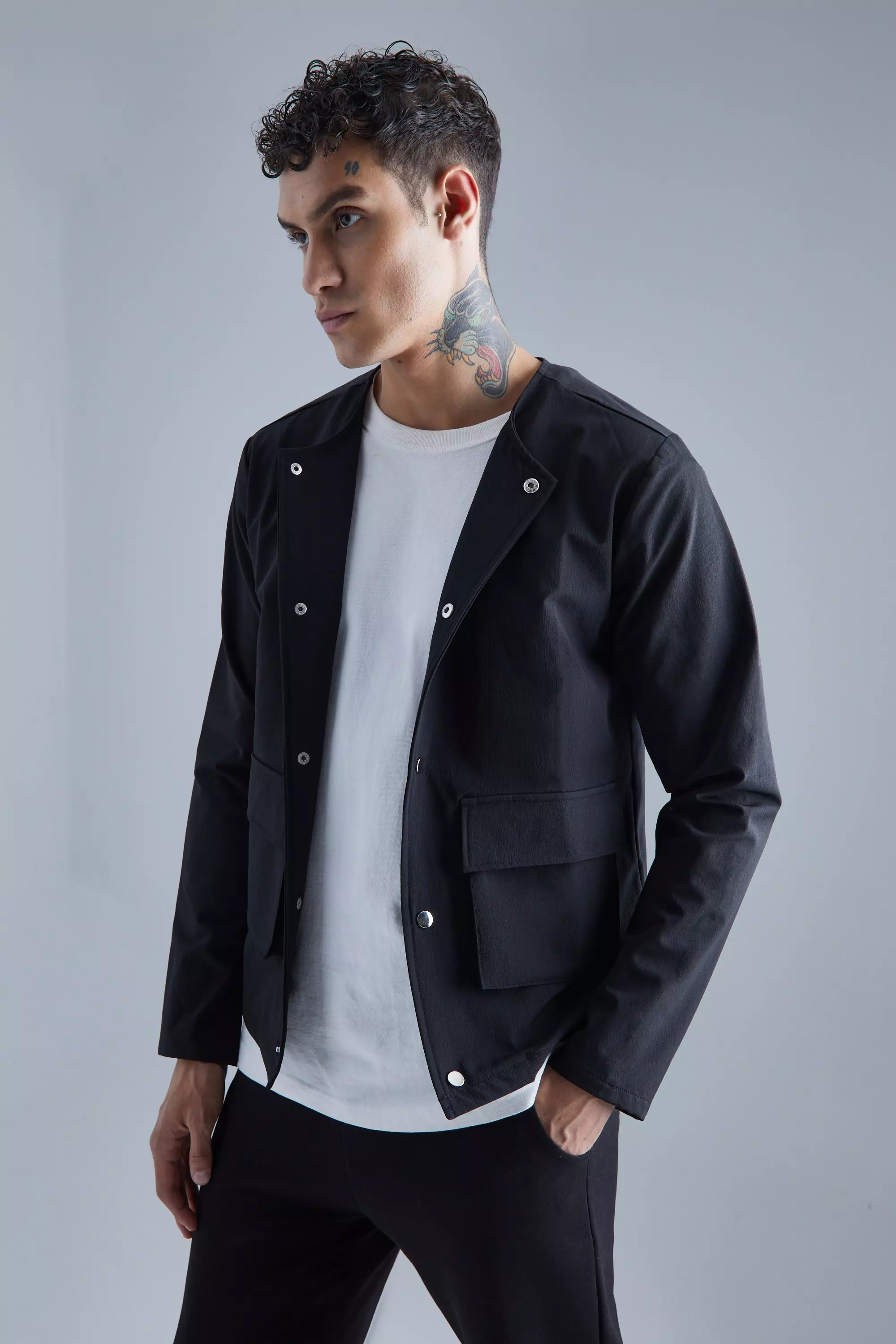 Collarless bomber outlet jacket