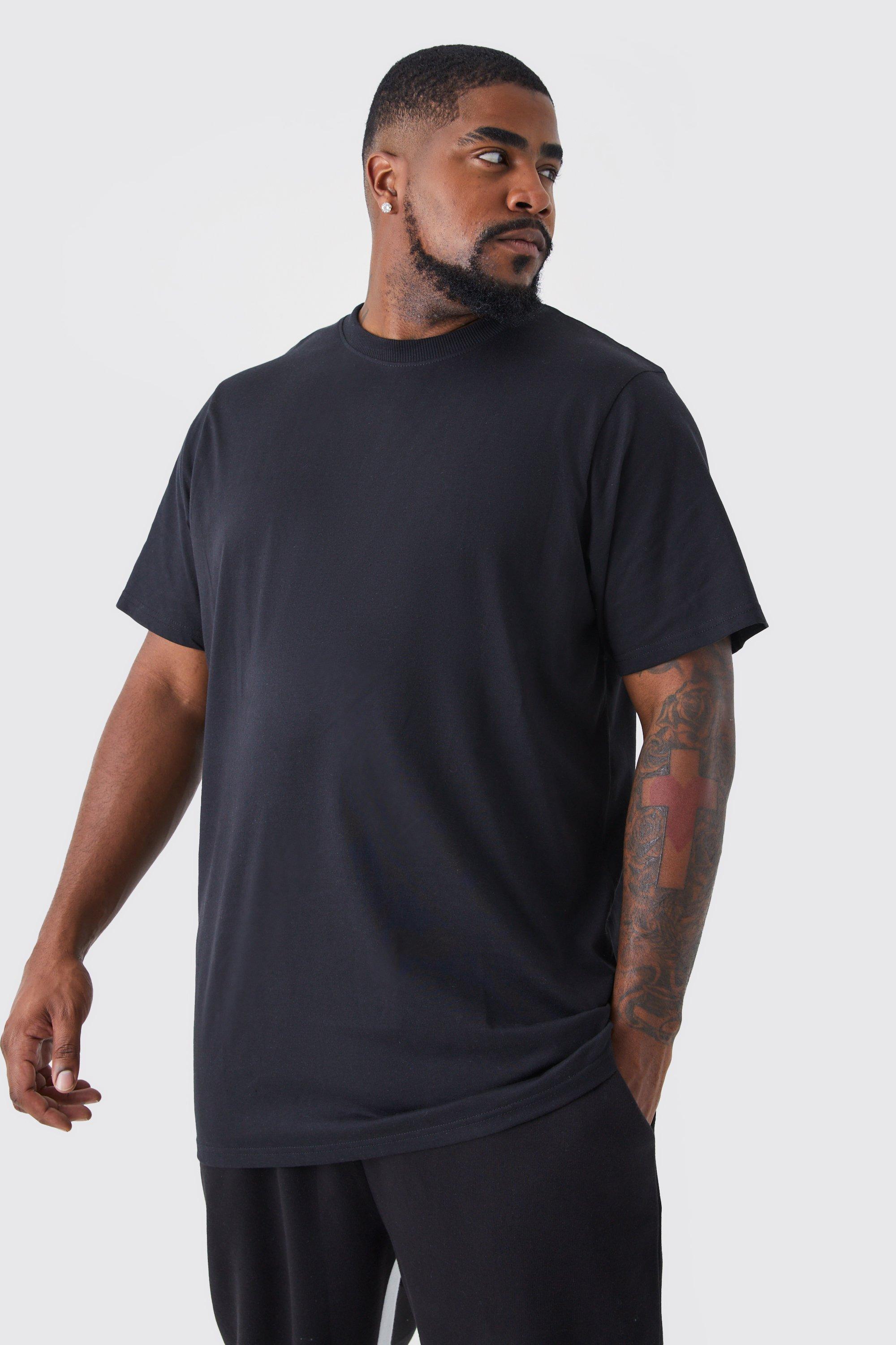 Mens Black Plus Basic Longline Crew Neck T-shirt, Black