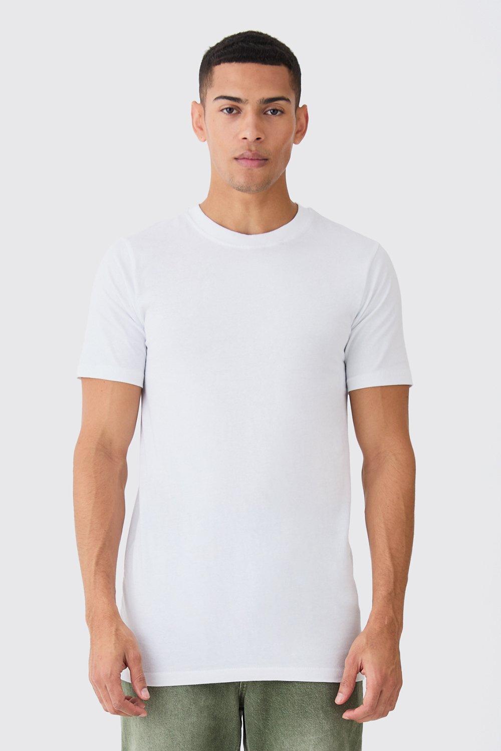 Mens White Basic Longline Crew Neck T-shirt, White
