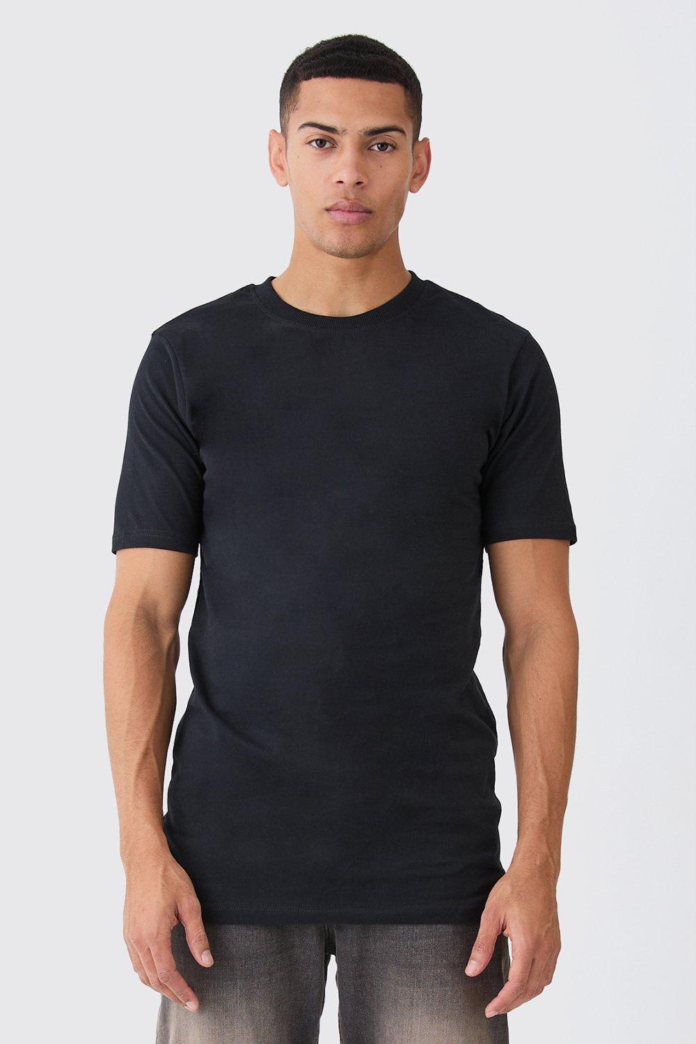 Mens Black Basic Longline Crew Neck T-shirt, Black
