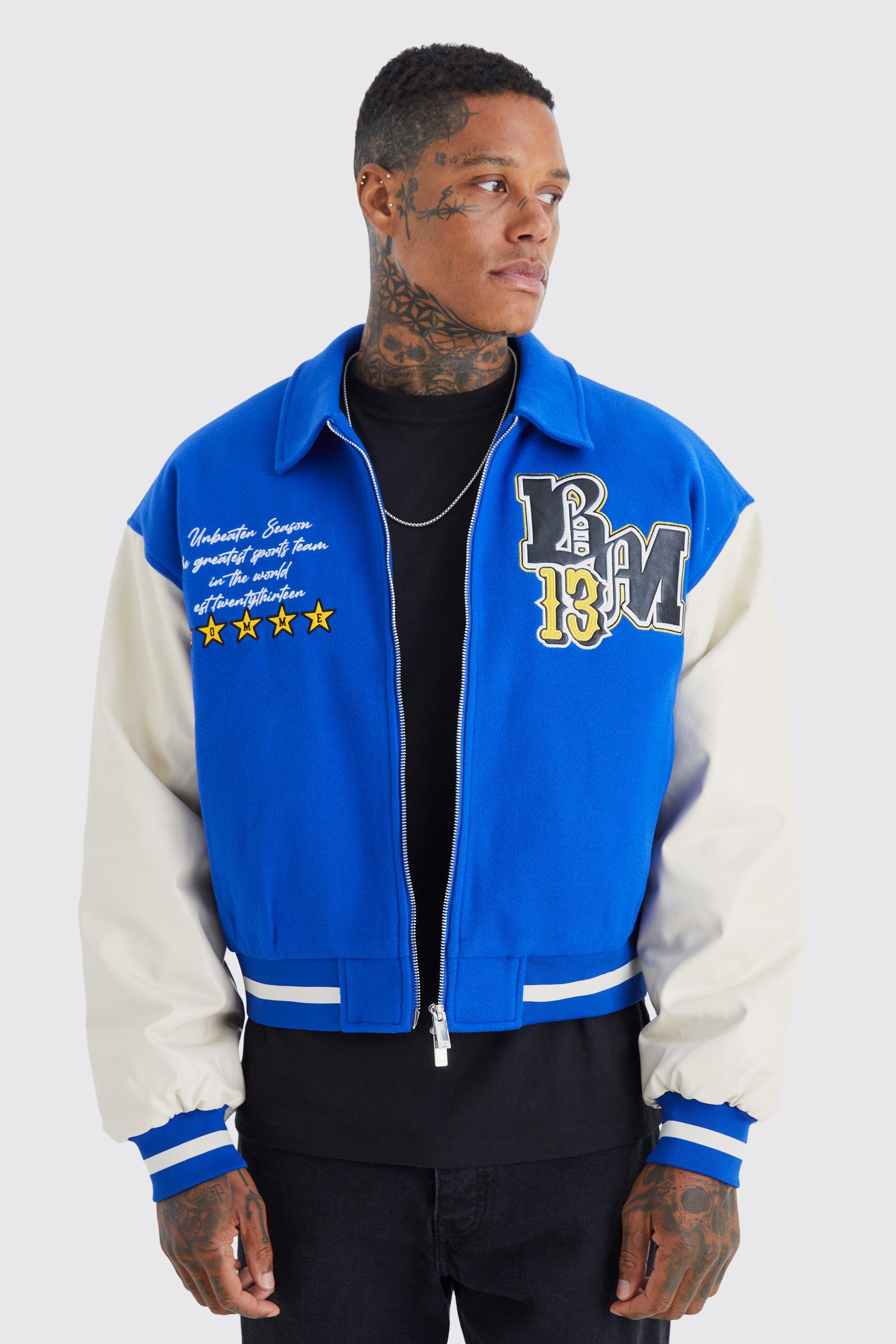 Mens Blue Boxy Melton & Pu Collared Varsity Jacket, Blue