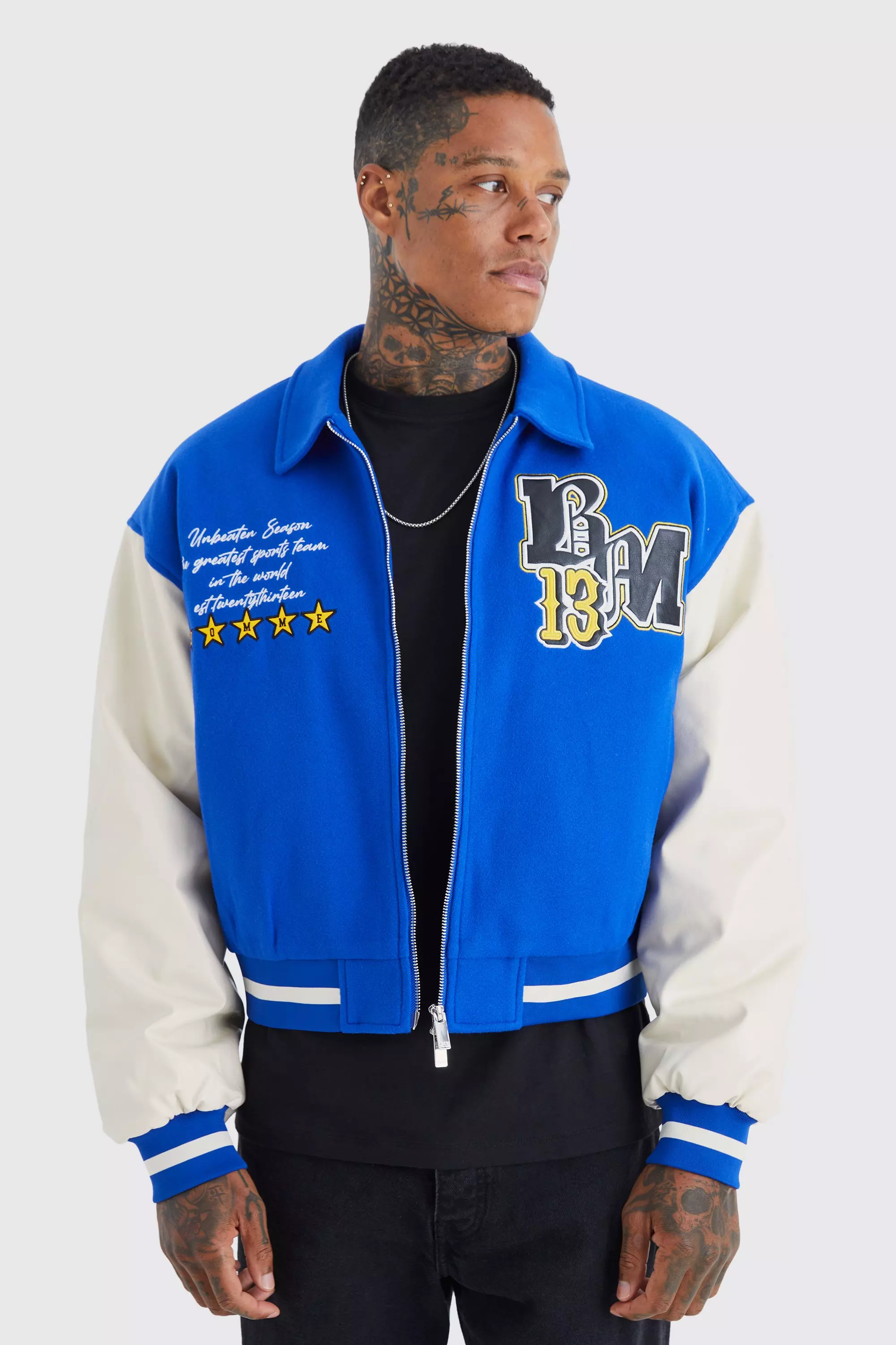 Boxy Pu And Melton Collared Varsity Jacket