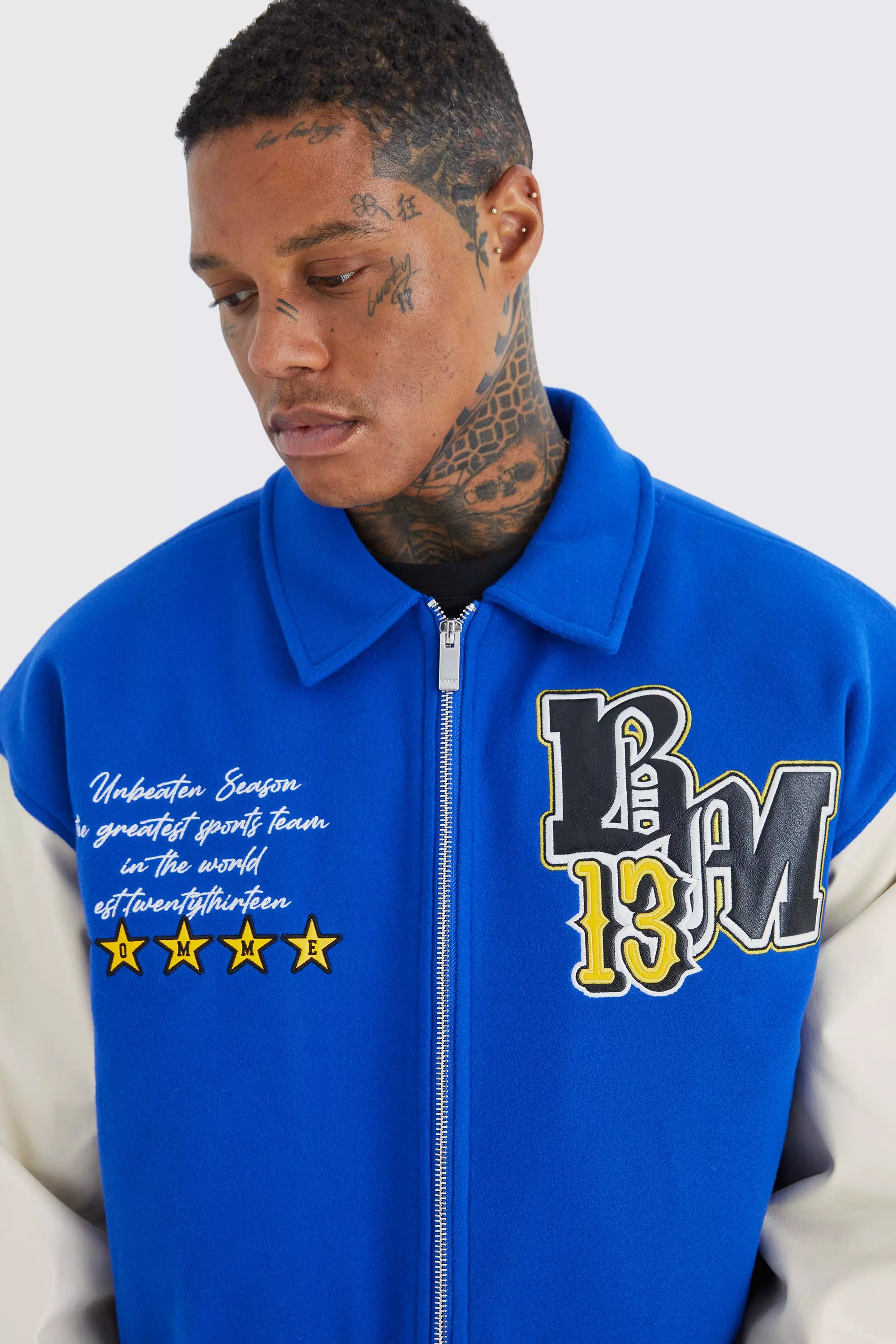 Boxy Pu And Melton Collared Varsity Jacket