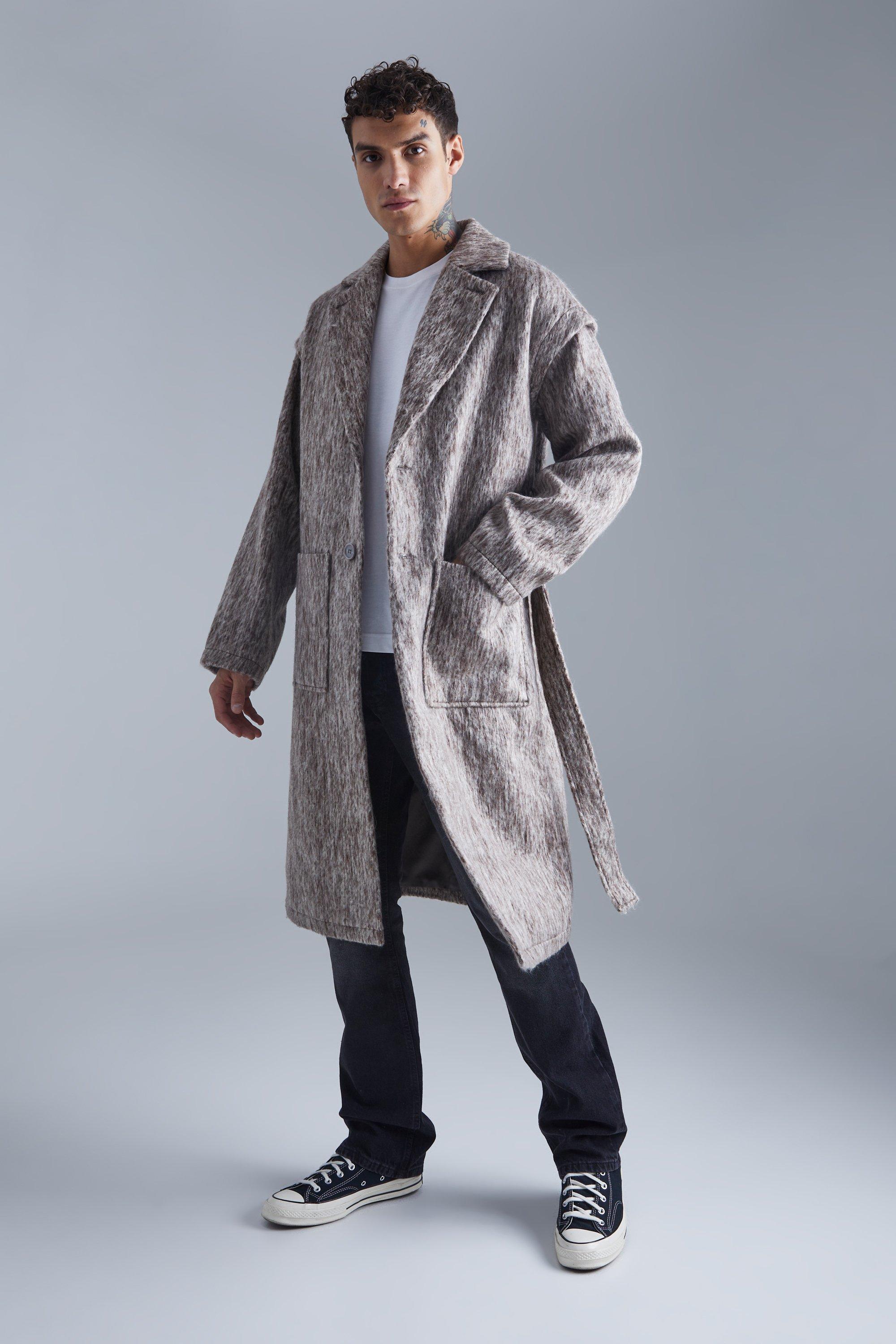 Mens Grey Longline Brushed Wool Look Belted Overcoat, Grey