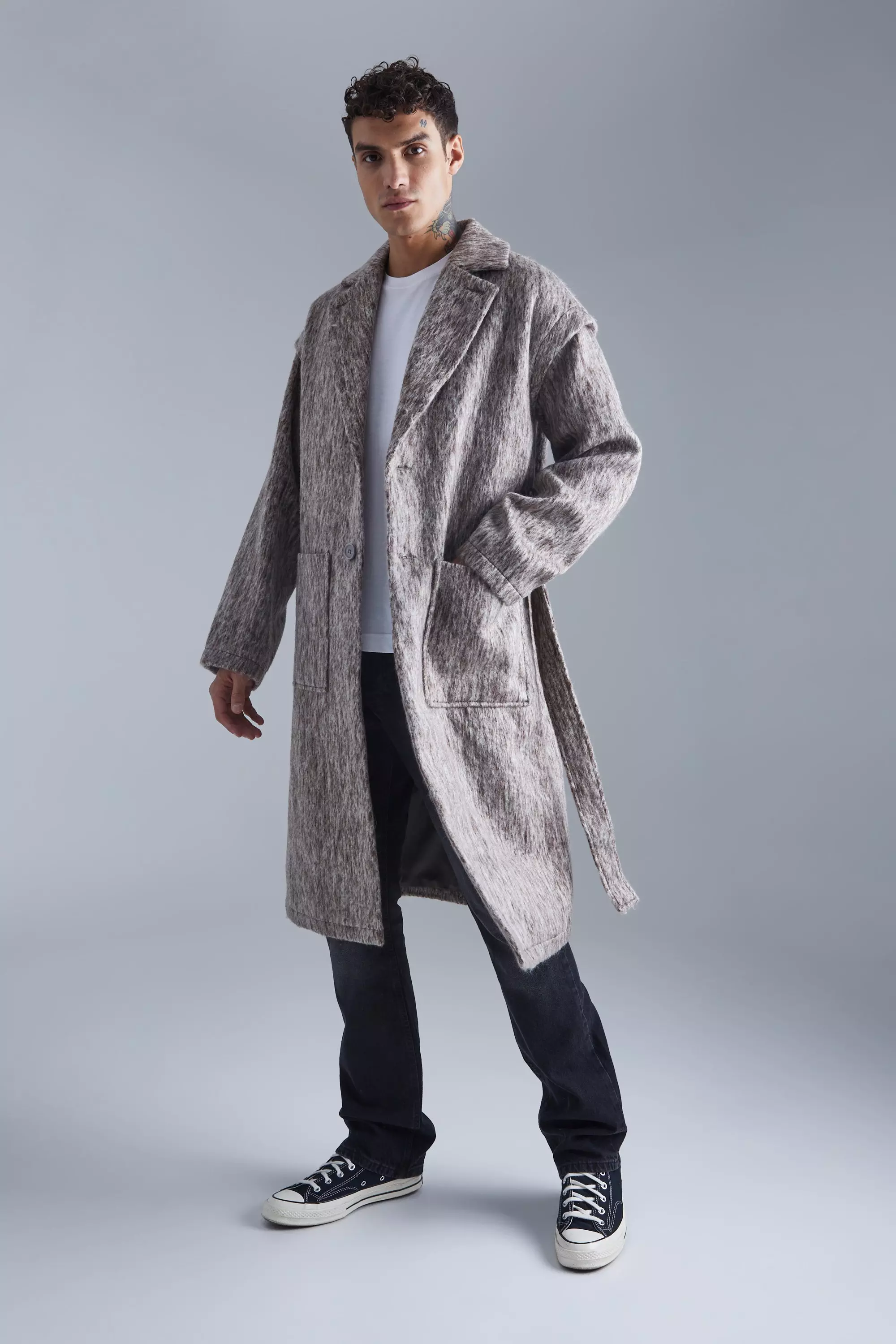 Grey Brushed Wool Look Longline Coat