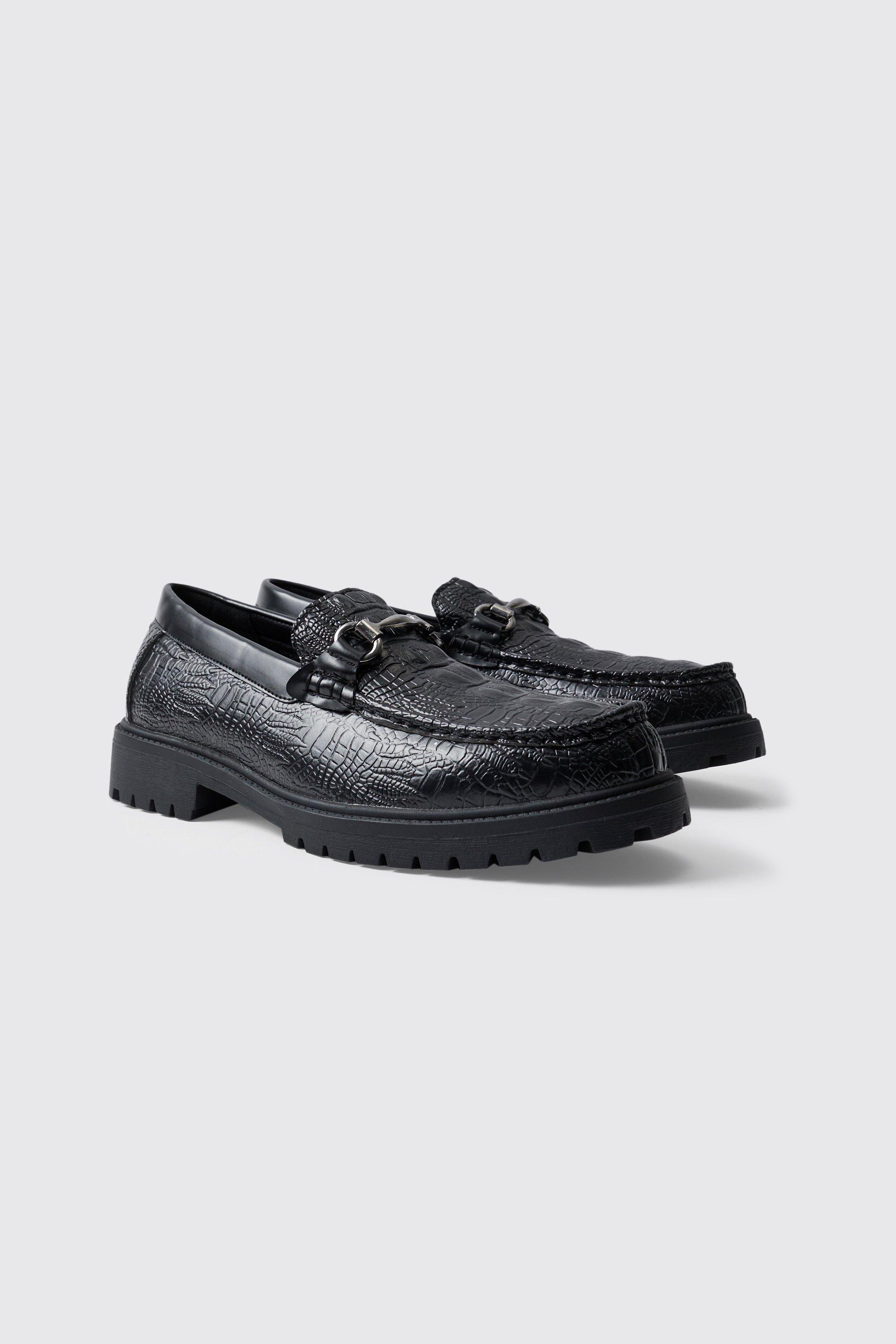 Mens Black Croc Loafer With Tread Sole, Black