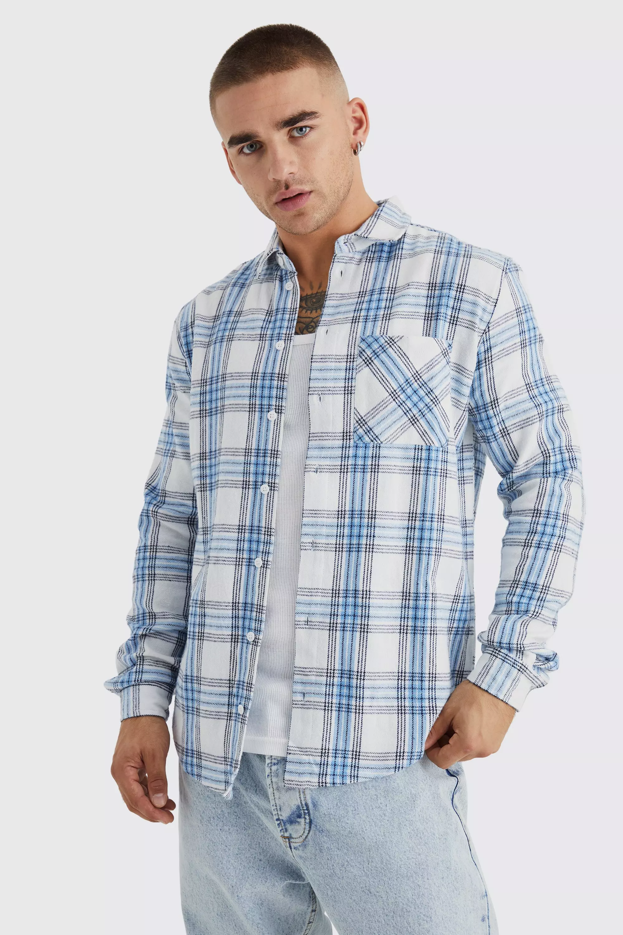 Baby blue plaid store shirt