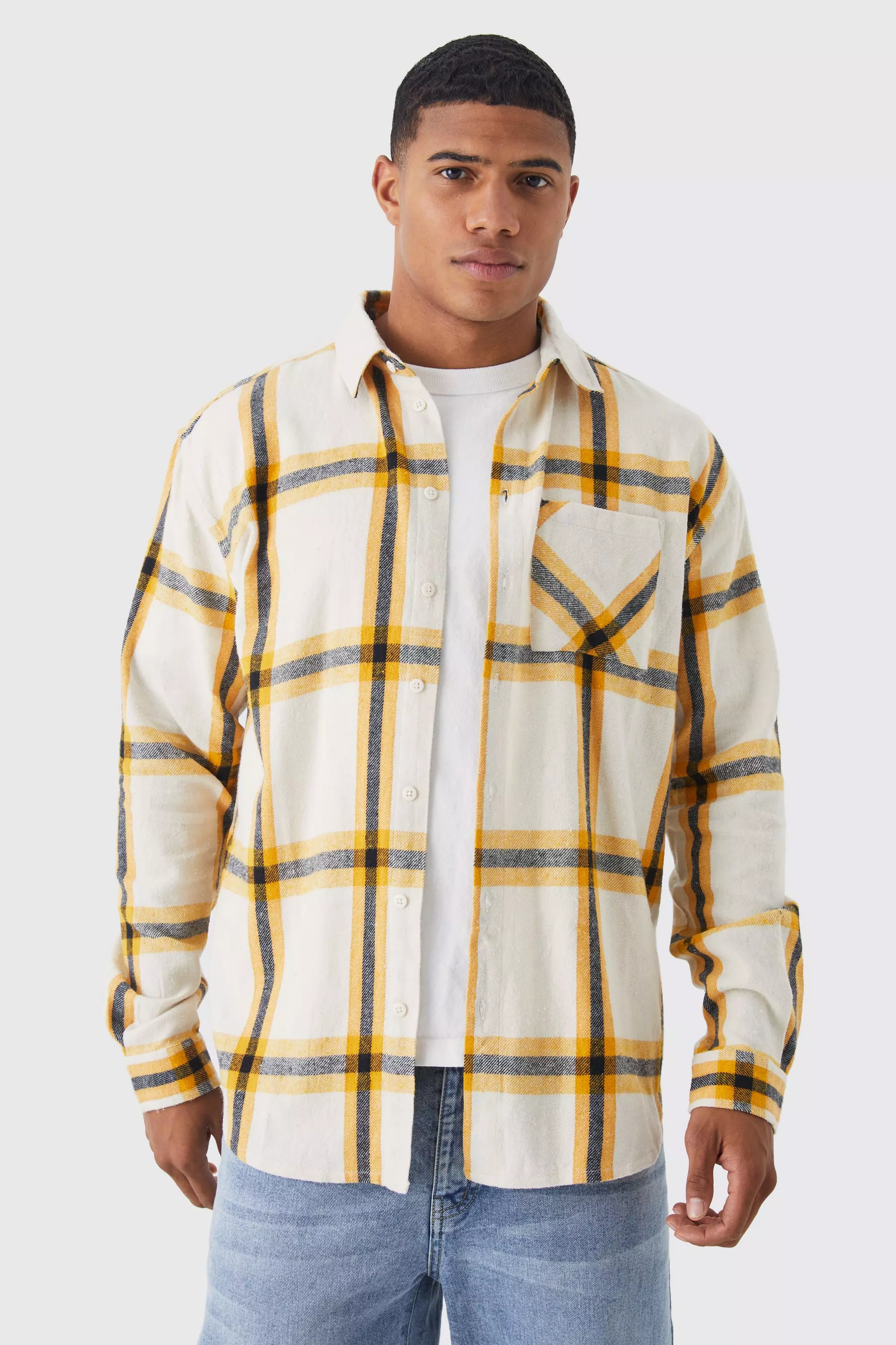 Long Sleeve Oversized Stripe Check Shirt | boohooMAN USA