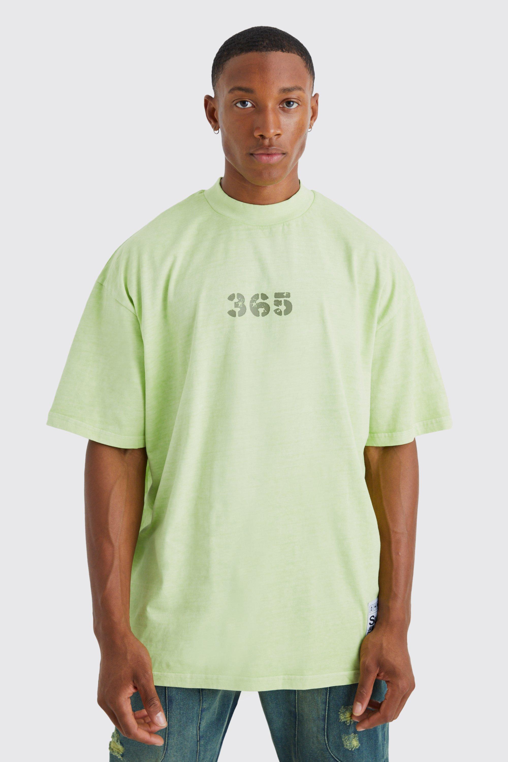 Mens Green Oversized Heavy Washed Woven Badge T-shirt, Green