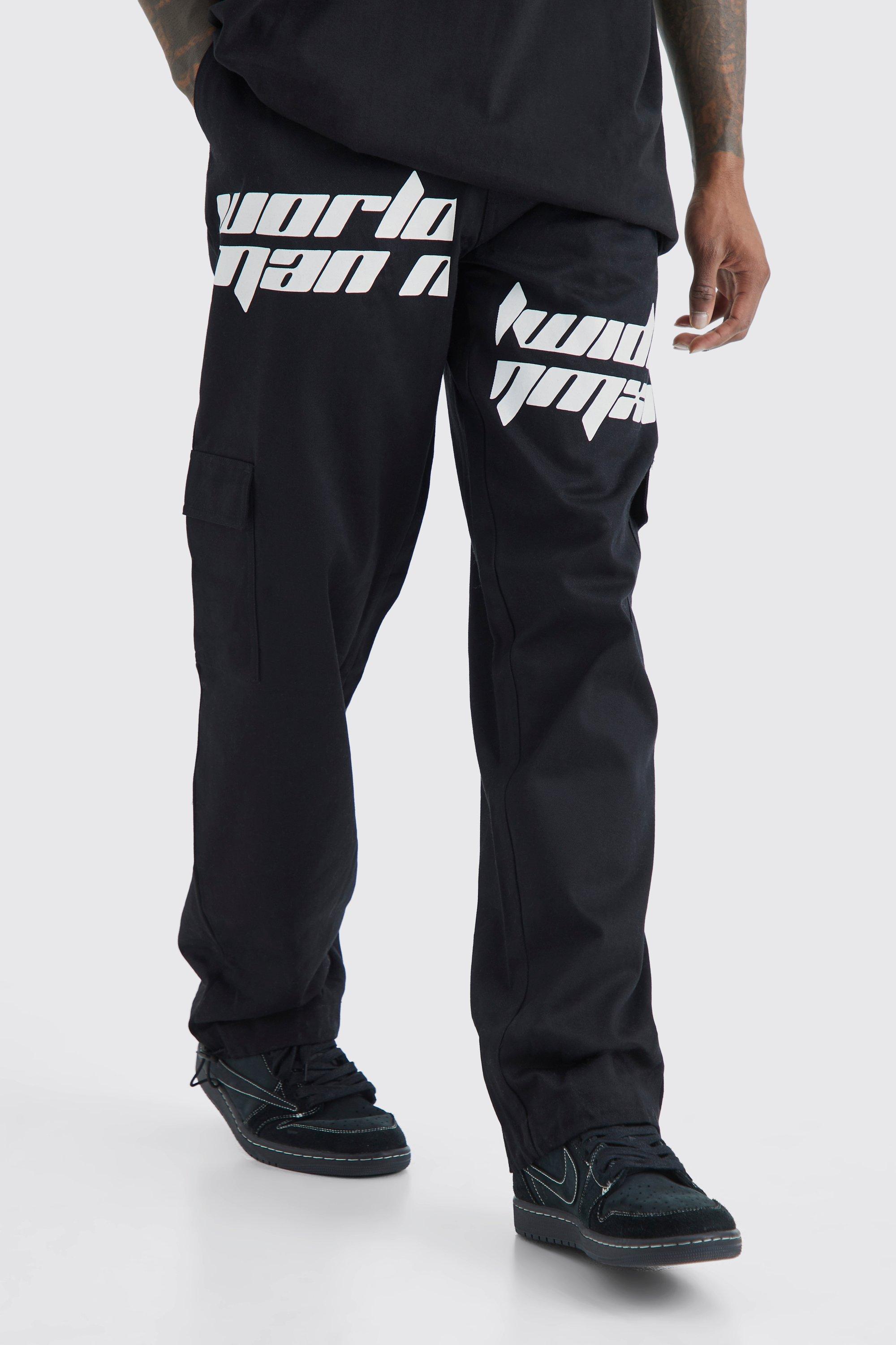 Mens Black Relaxed Cargo Spliced Text Print Trouser, Black