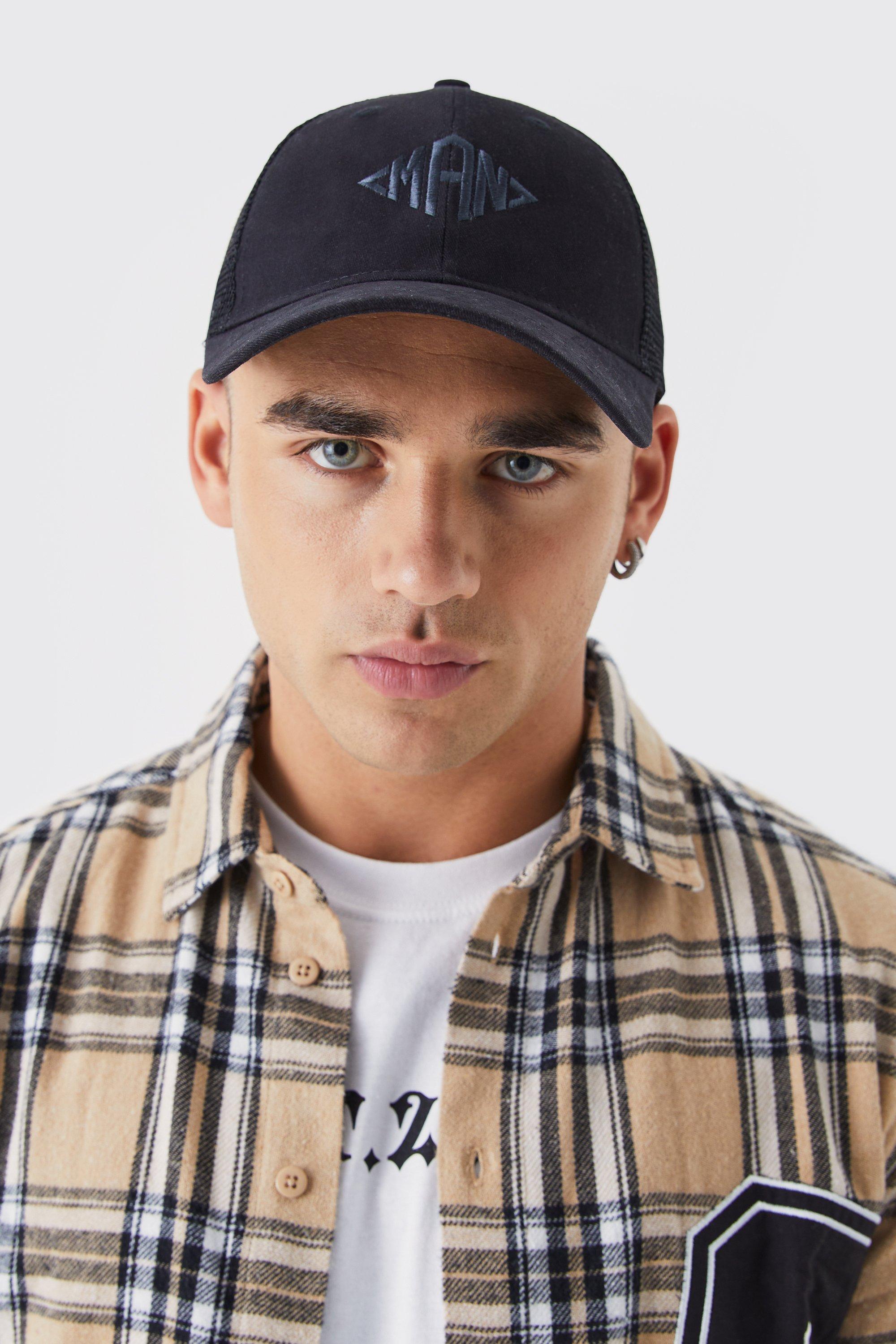 Mens Black Man Triangle Embroidered Trucker Cap, Black