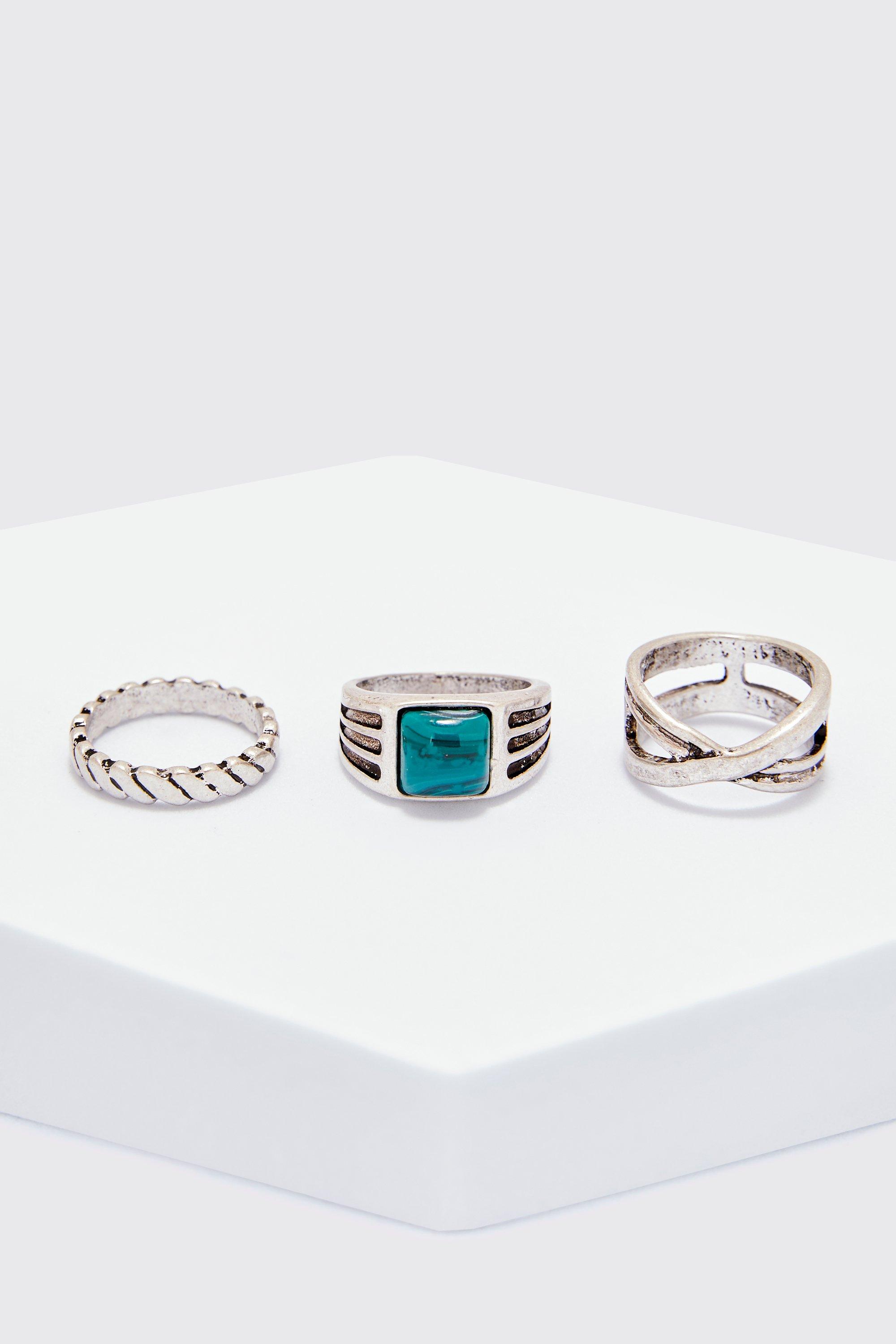 Mens Grey 3 Pack Gem Signet Rings, Grey