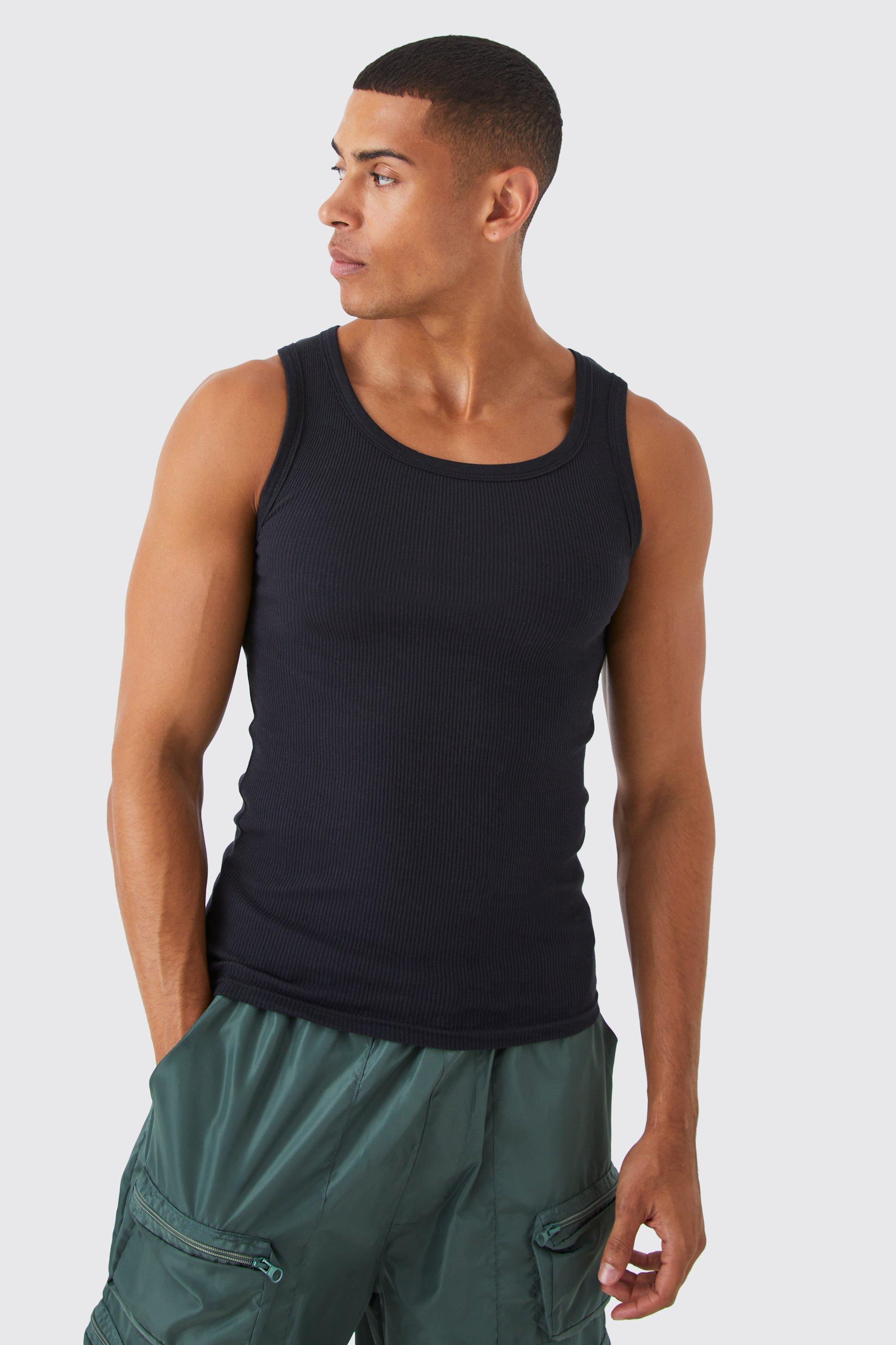 Mens Black Basic Muscle Fit Ribbed Vest, Black