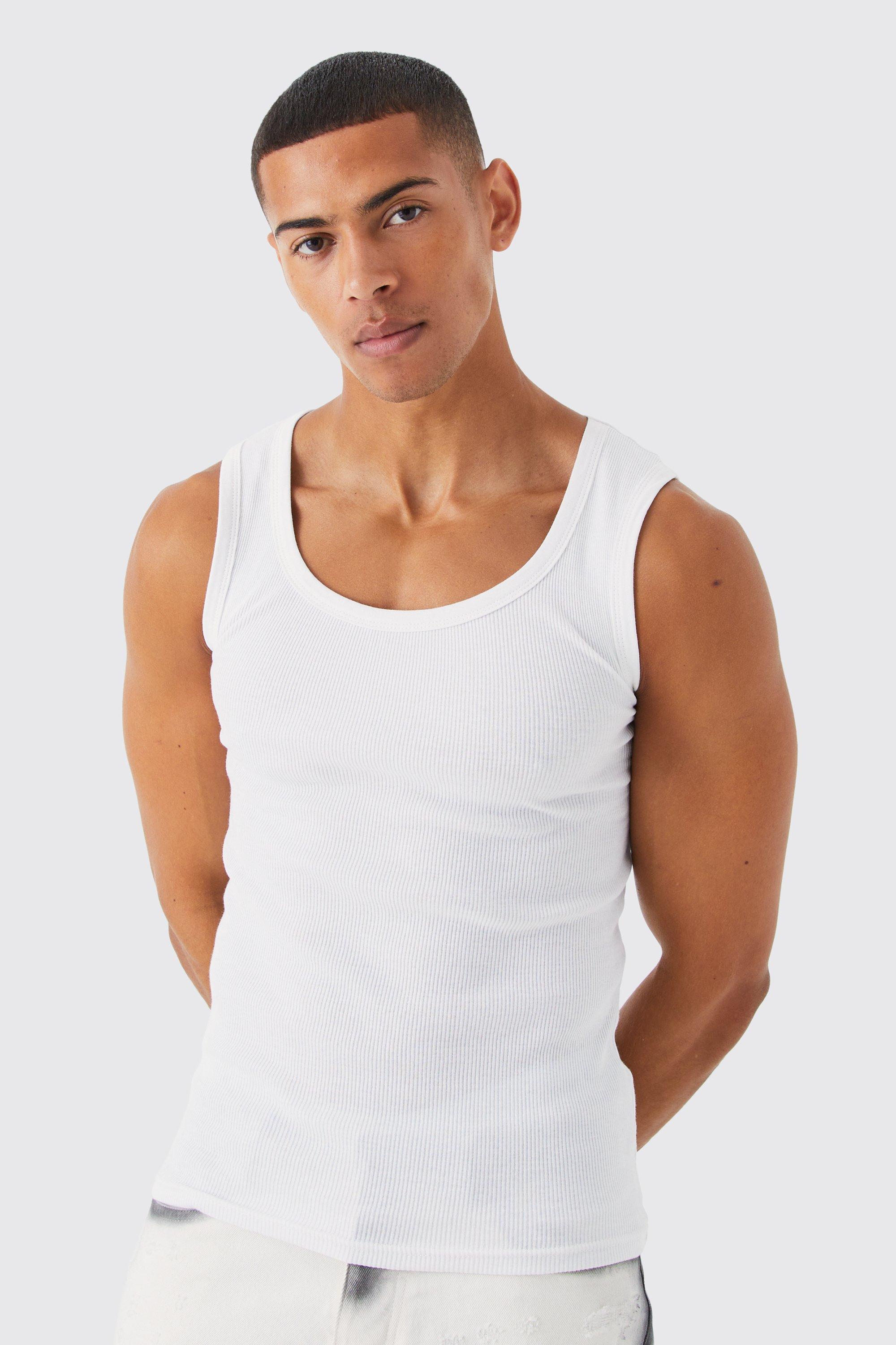 Mens White Basic Muscle Fit Ribbed Vest, White