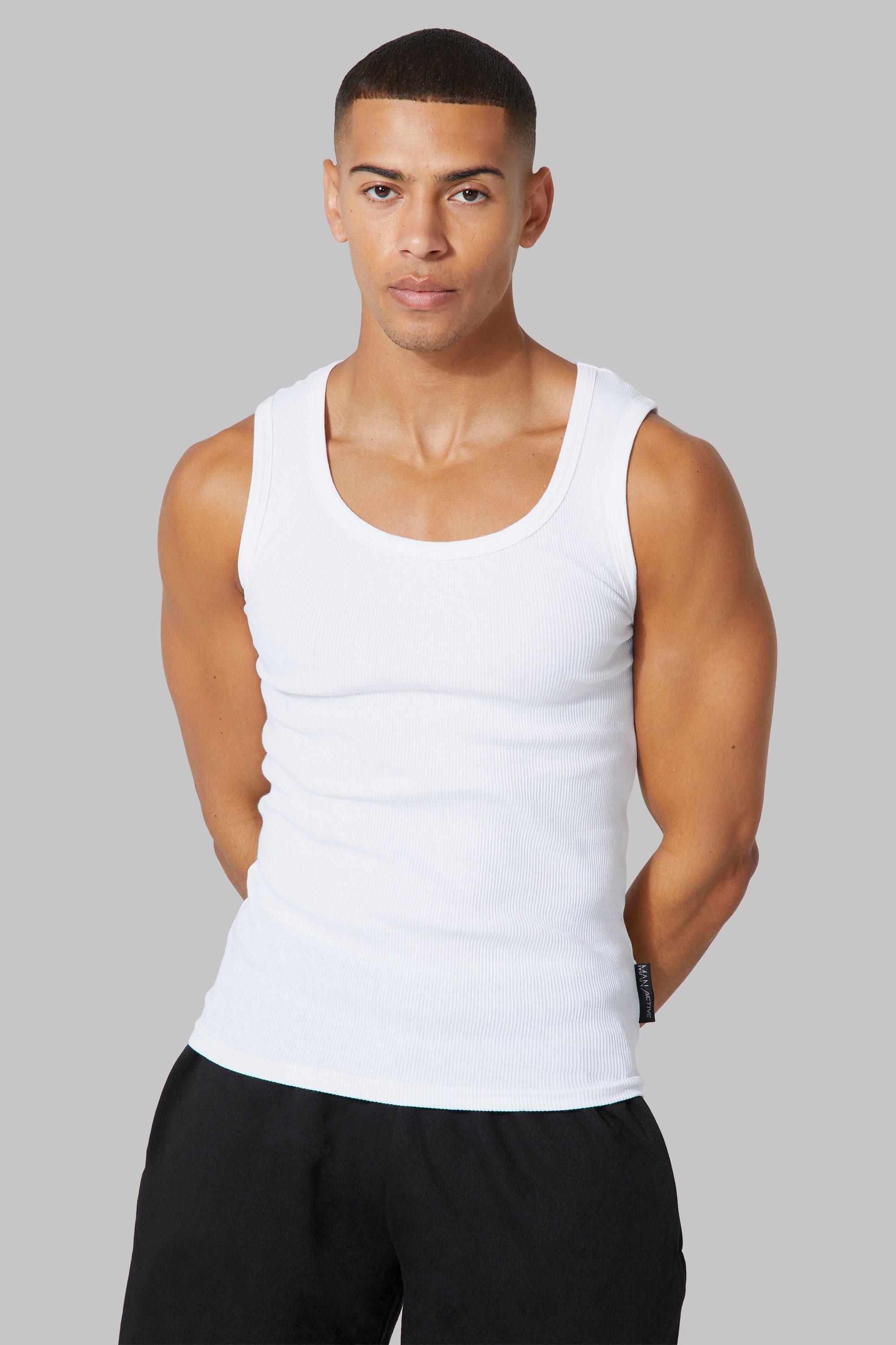 Mens White Active Ribbed Muscle Vest, White
