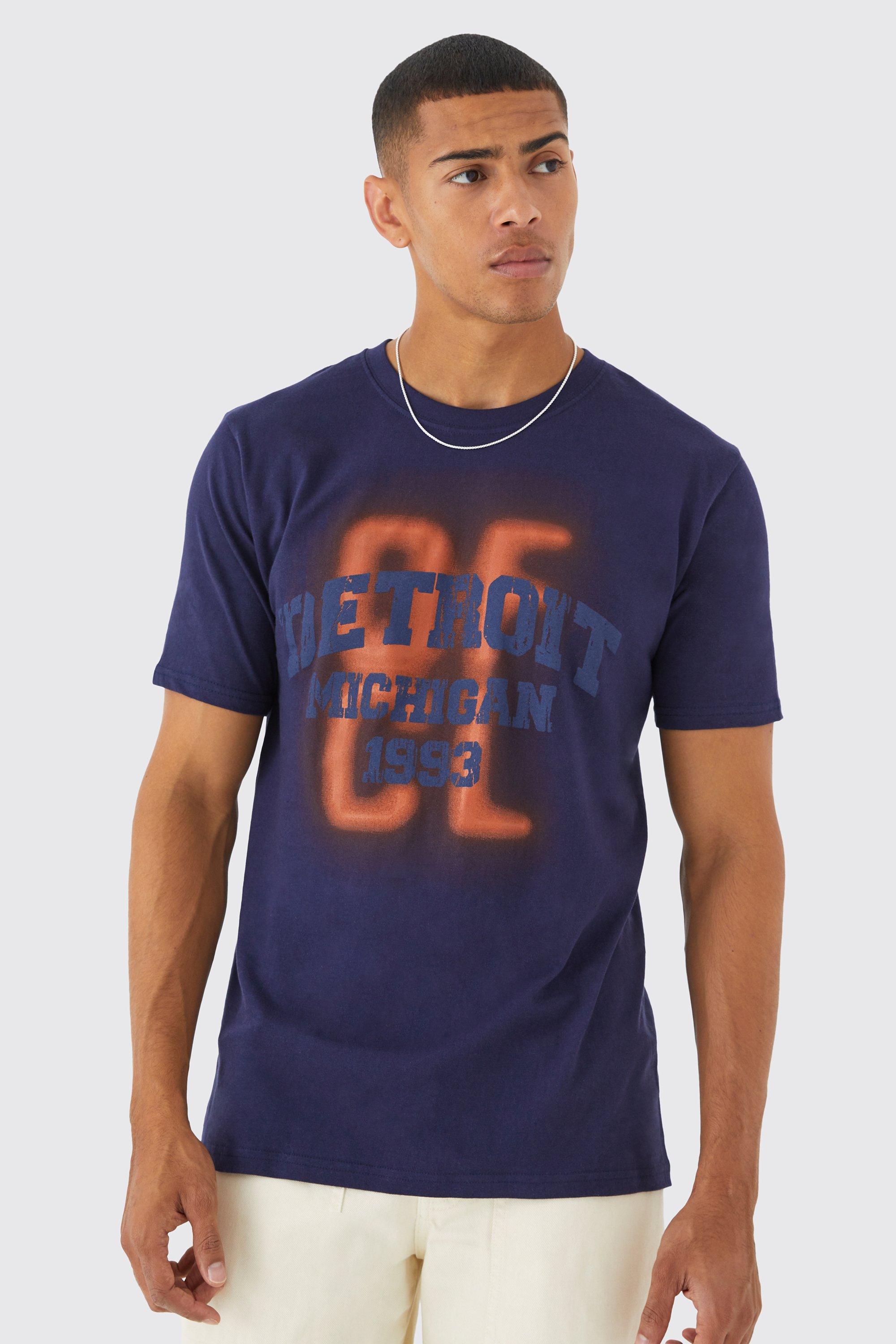 Mens Navy Blurred Detroit Varsity Graphic T-shirt, Navy
