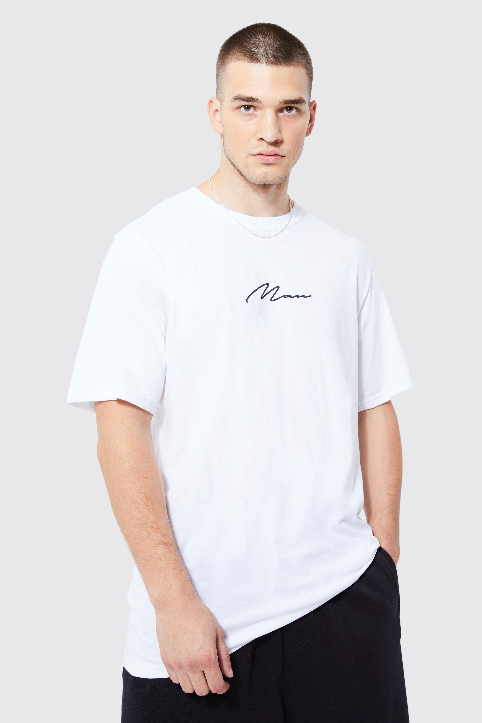 Image of T-shirt Tall a girocollo con firma Man, Bianco