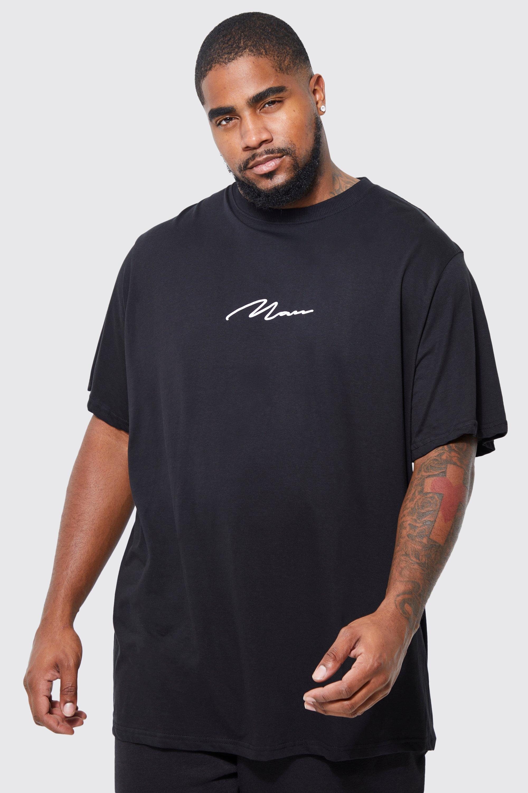 Image of T-shirt Plus Size a girocollo con firma Man, Nero