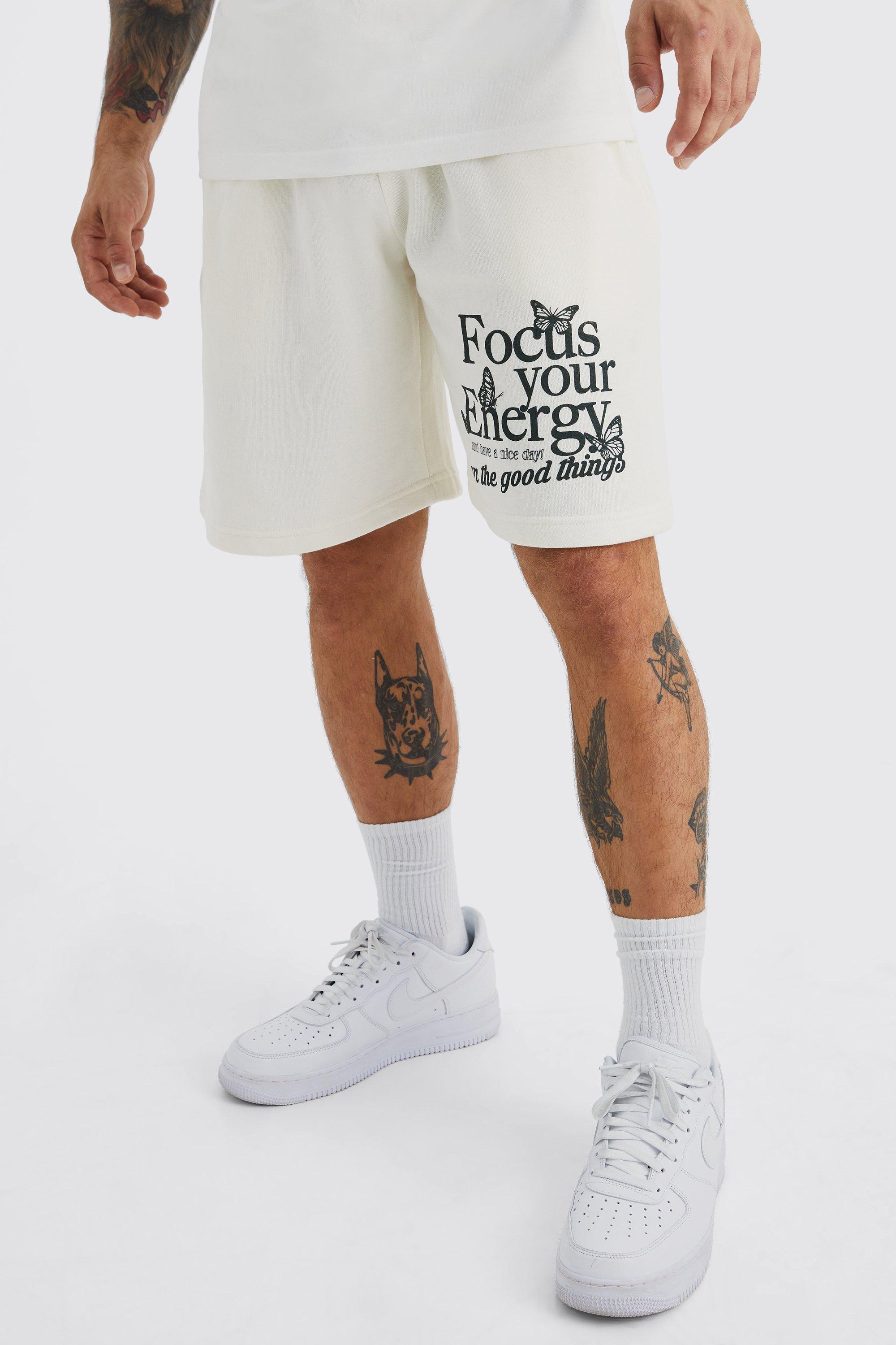Mens Cream Oversized Focus Your Energy Jersey Short, Cream
