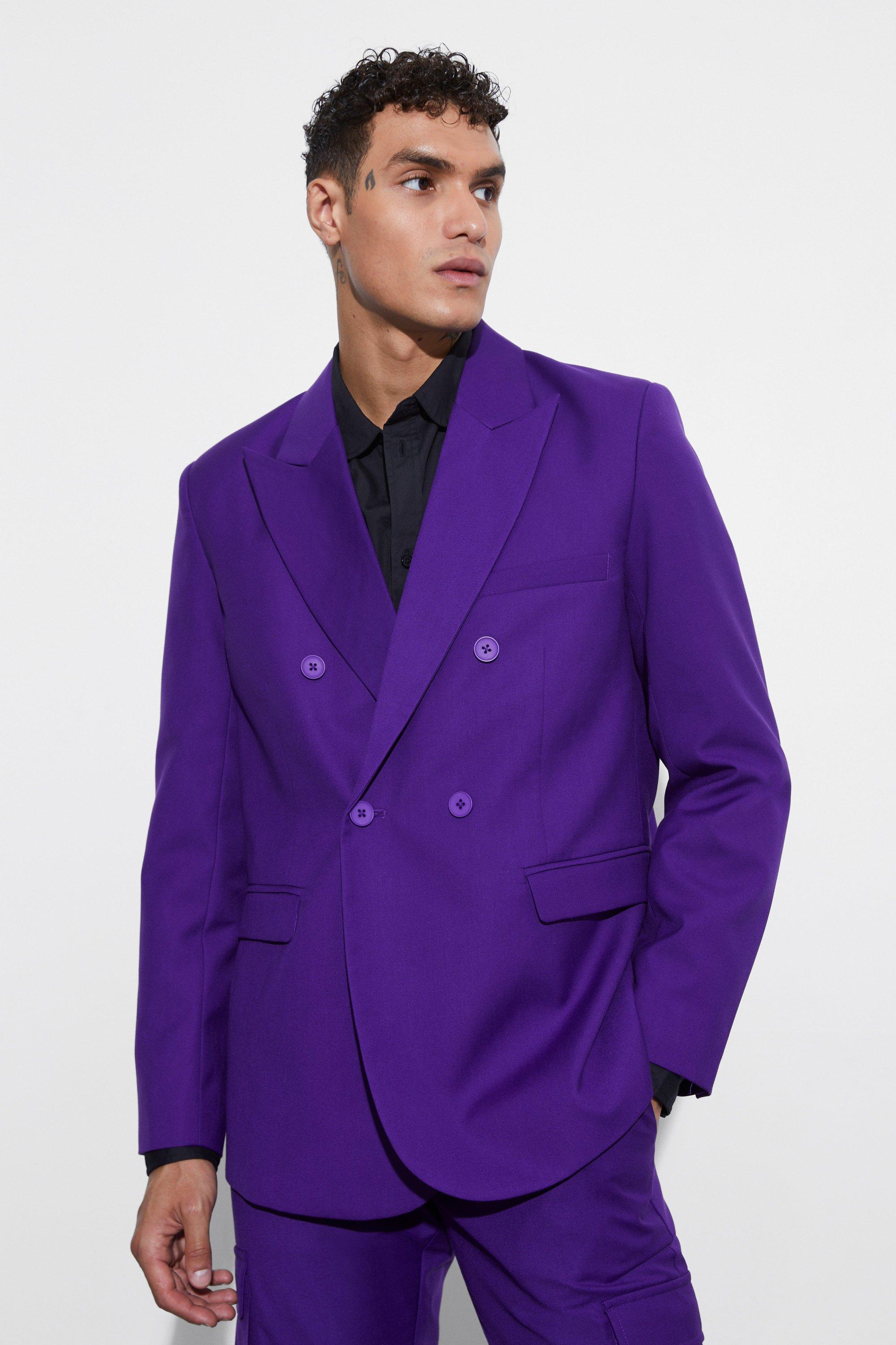 Mens Purple Relaxed Fit Double Breasted Blazer, Purple