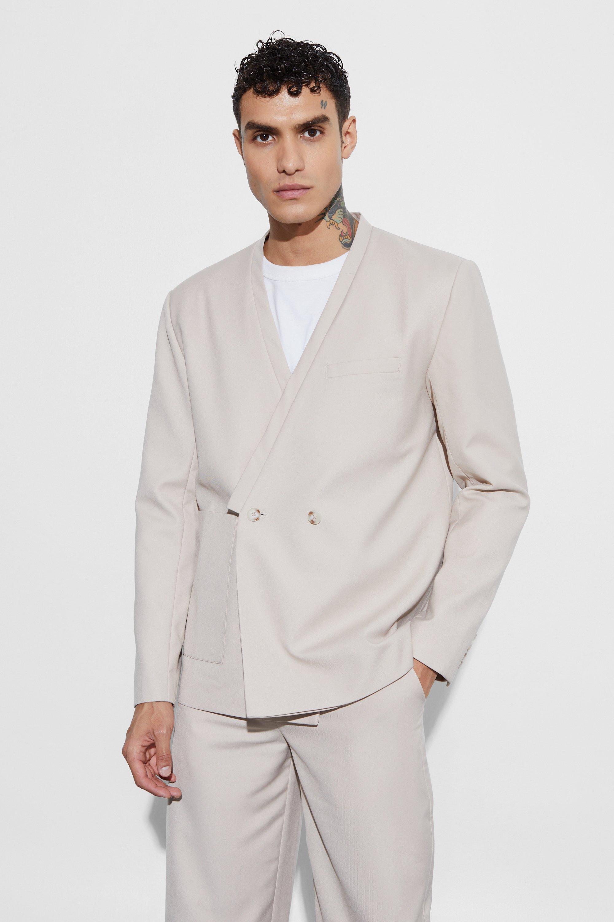 Blazer squadrato oversize senza colletto, Beige