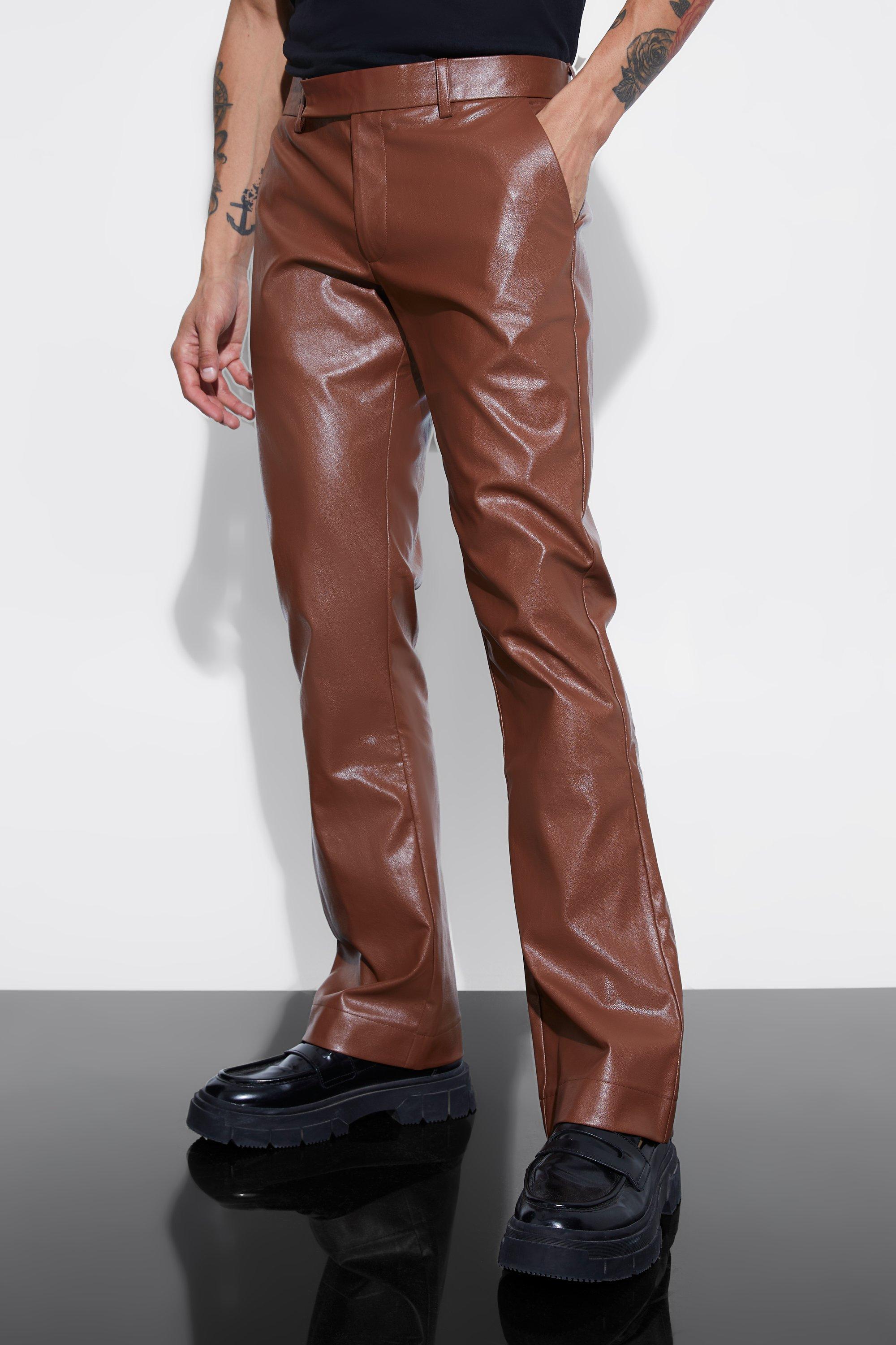 Image of Pantaloni sartoriali a zampa Slim Fit in PU, Brown