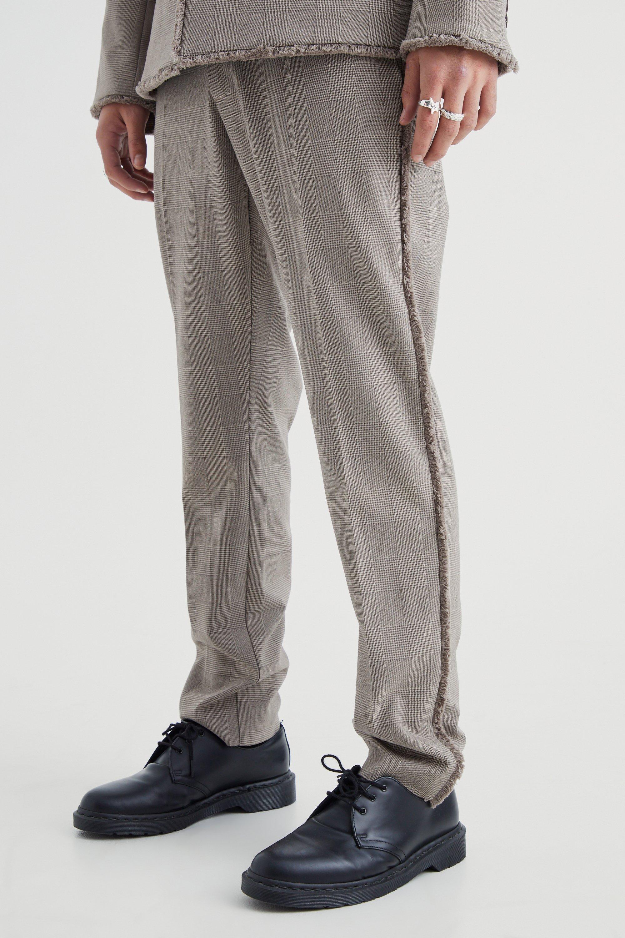 Image of Pantaloni Smart Slim Fit a quadri con dettagli smagliati, Brown