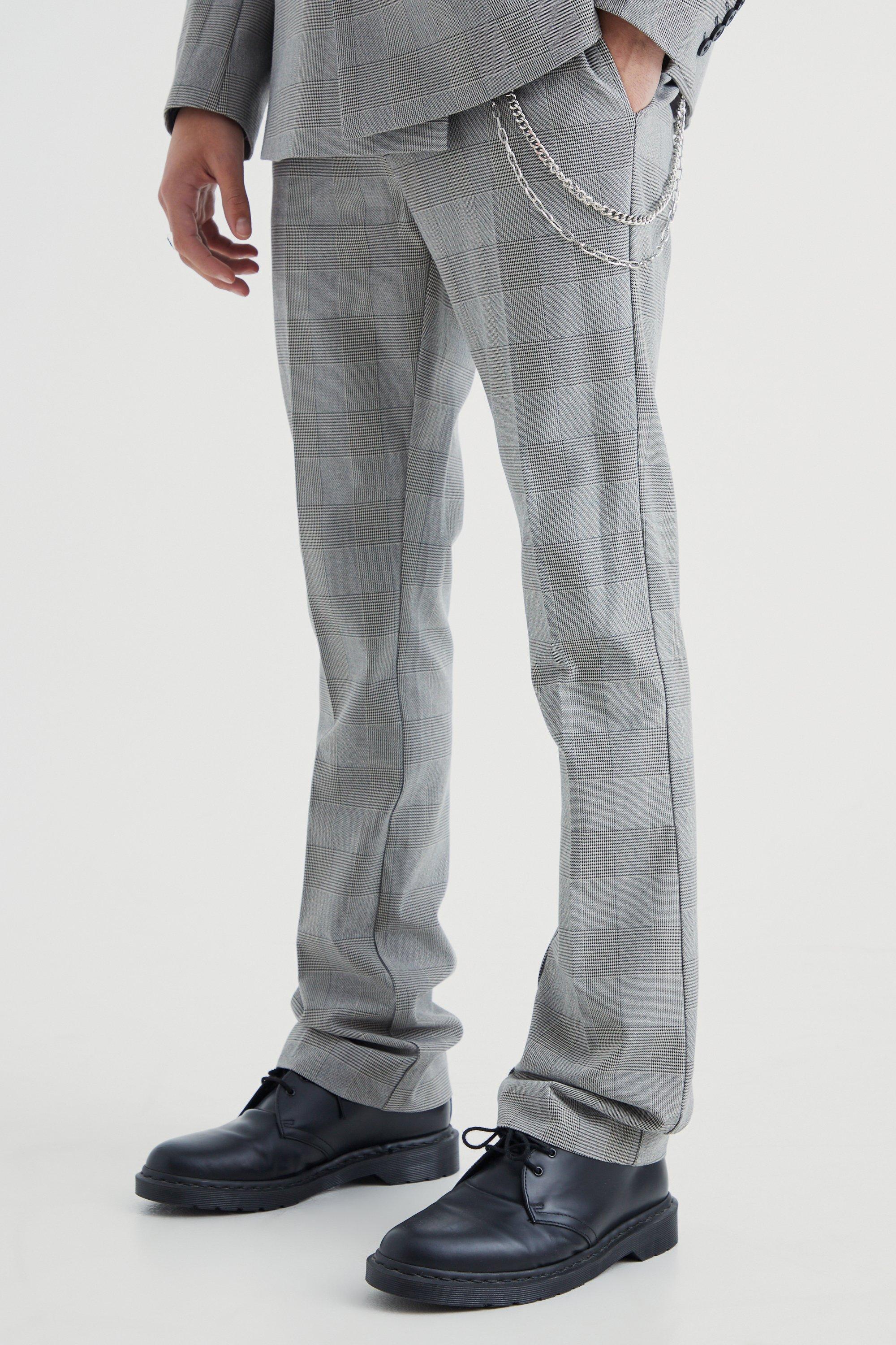 Mens Grey Skinny Flare Pow Check Trouser With Chain, Grey