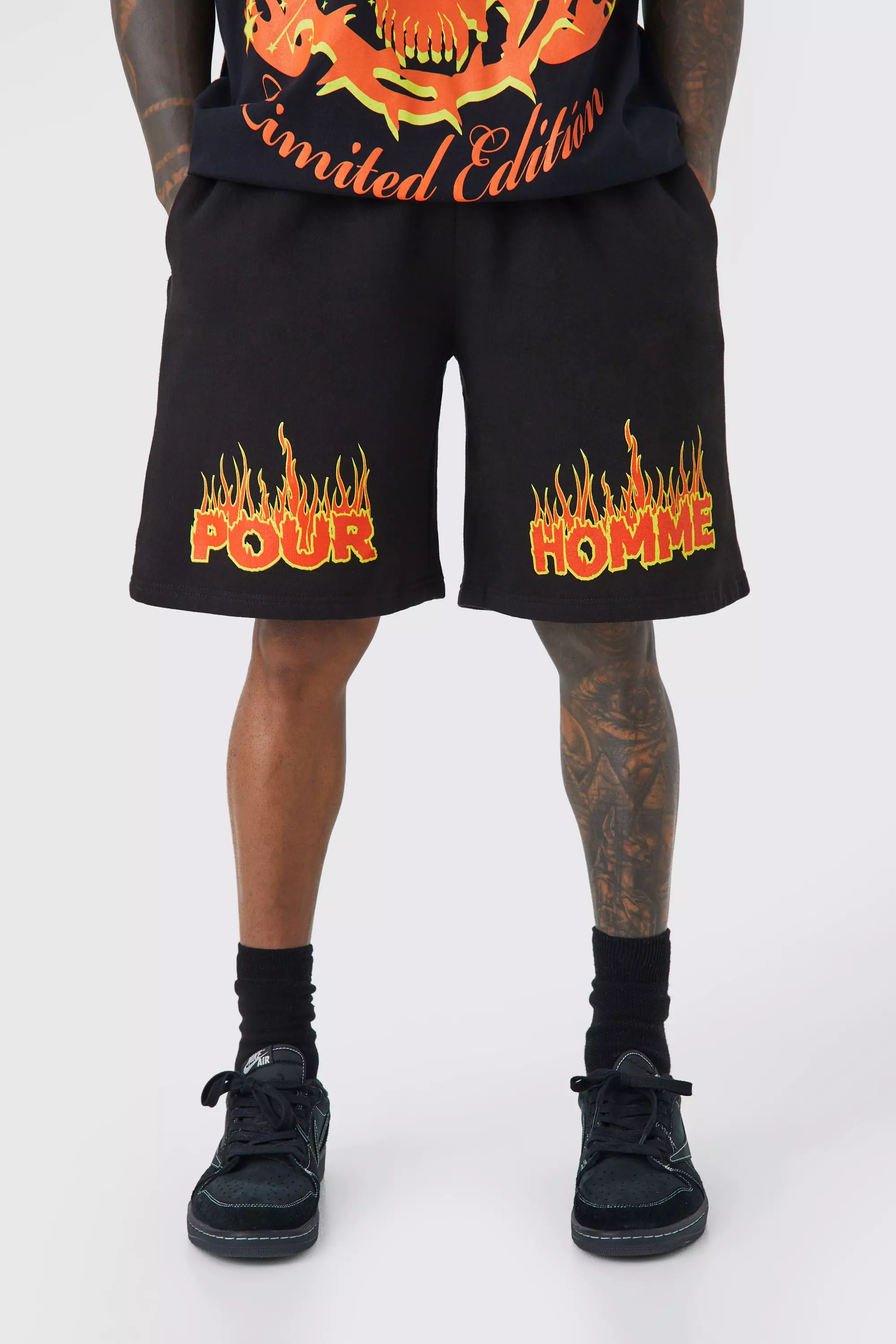 Oversized Pour Homme Flames Sweat Shorts boohooMAN USA