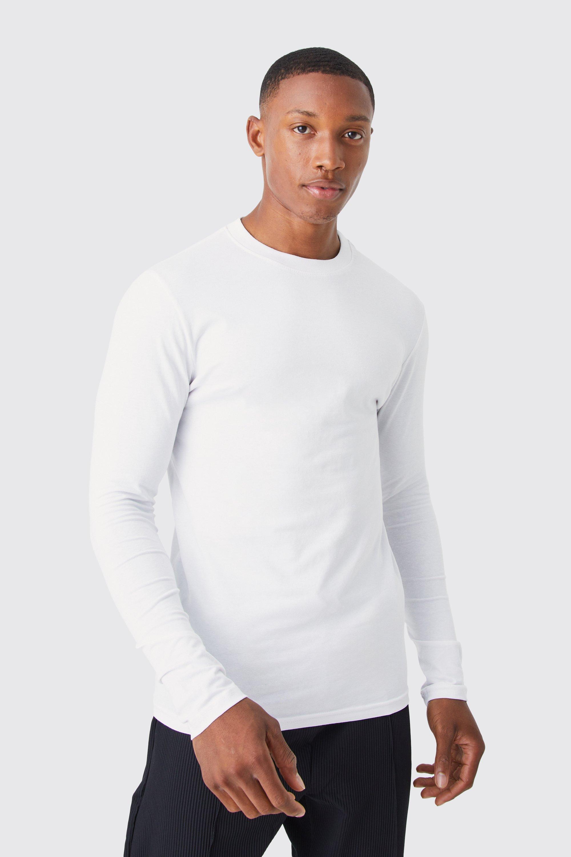 Mens White Long Sleeve Muscle Fit T-shirt, White