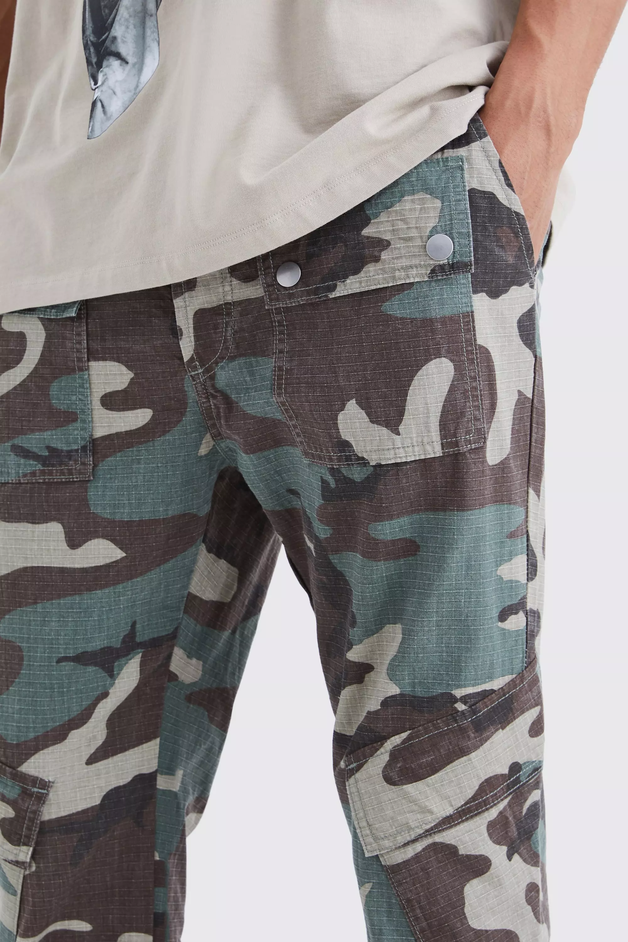 Tall Slim Stacked Gusset Flare Multi Cargo Camo Trouser boohooMAN